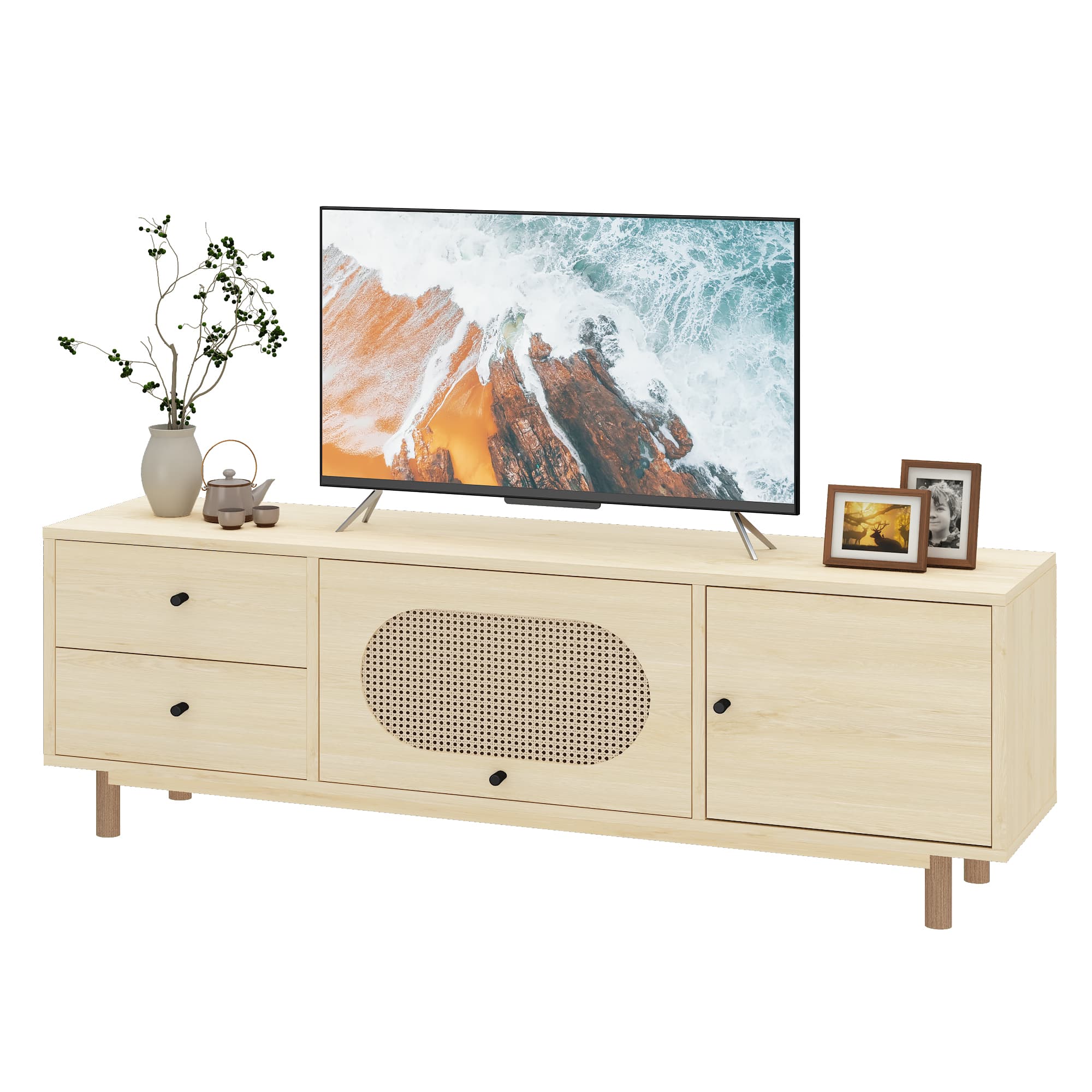 Rattan TV Stand for 55 Inch TV, Entertainment Center with Storage, TV Stand Storage Cabinet Media Console Table with 2 Cabinets and Doors, Boho Media TV Console for Living Room, Bedroom