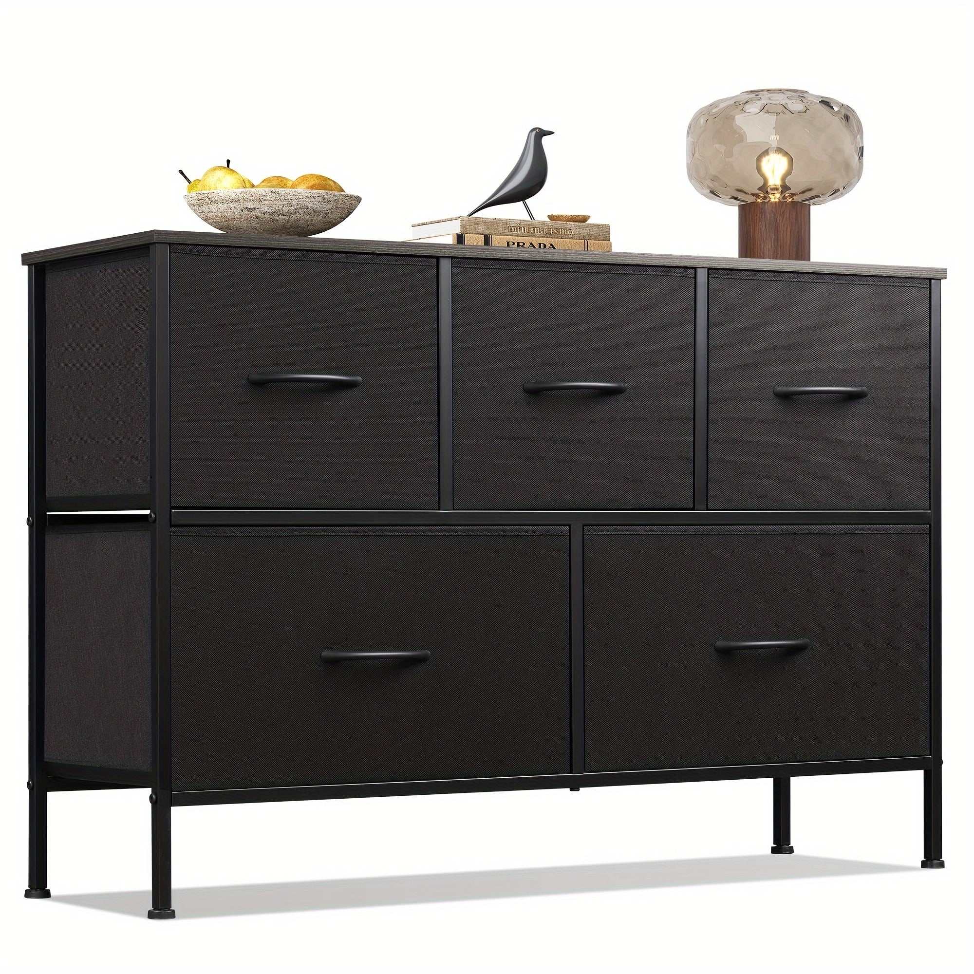 Modern 5-Drawer Fabric Storage Dresser - Freestanding Wood Frame Organizer for Bedroom & Living Room - Charcoal Black