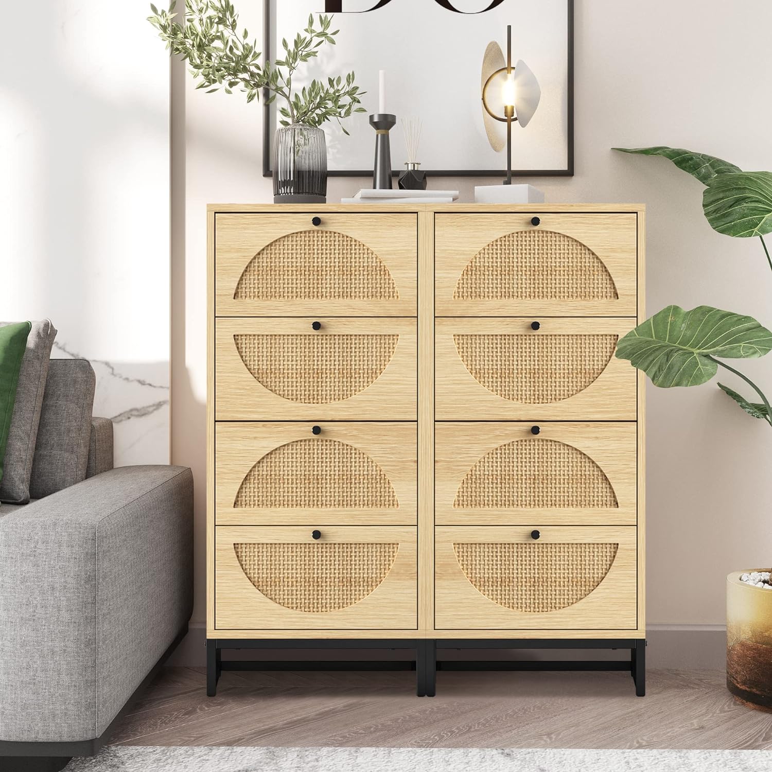 4 Drawer Chest Dresser, Rattan Tall Dresser 4 Chest of Drawers for Bedroom, Boho Clothes Storage Tower with Metal Base, Large Nightstand Sets for Living Room, Hallway, Nursery, Entryway