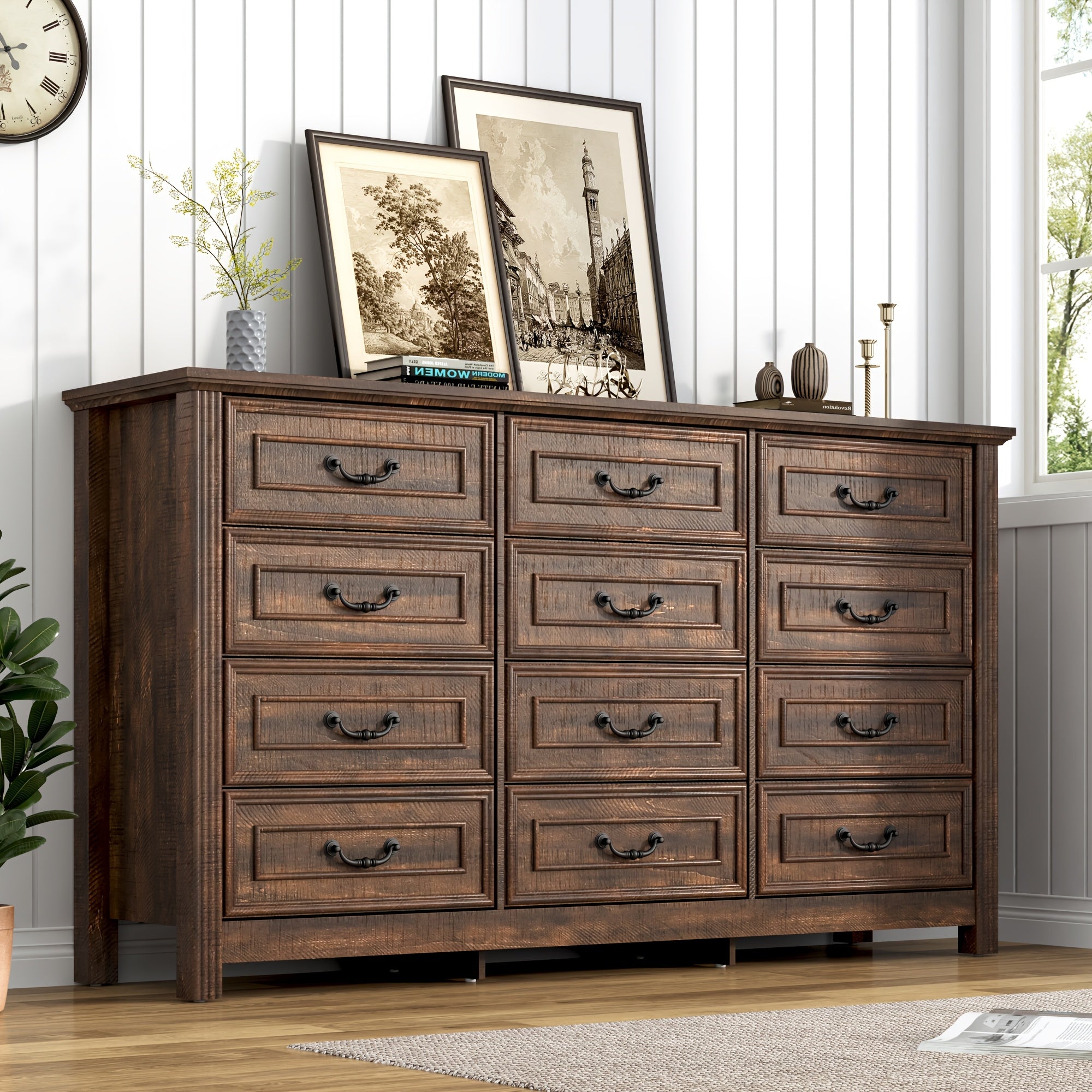 Spacious 160cm Wide Rustic Farmhouse Dresser with 12 Drawers - Vintage Wooden Chest of Storage Natural Textured Finish
