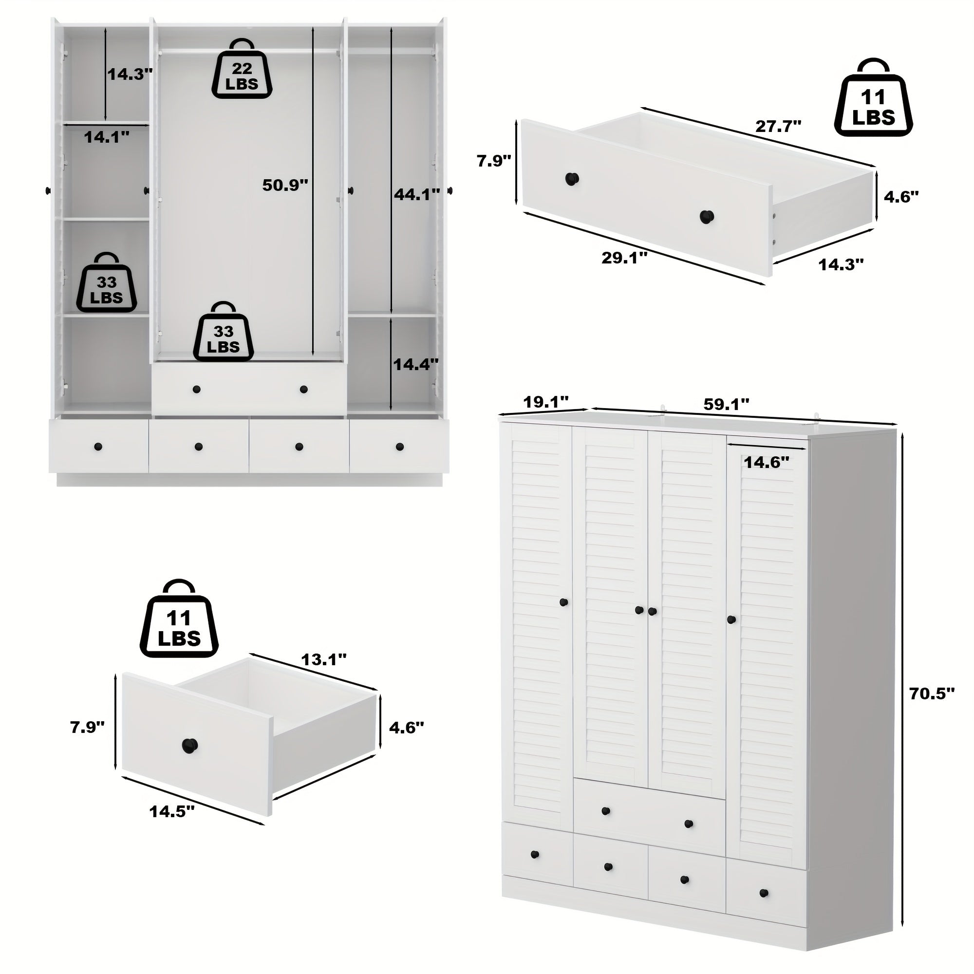 Large Wardrobe Closet With Four Drawers, Hanging Rod Area, 5 Folding Storage Areas, Reasonable Space Allocation, Modern Design Wooden Wardrobe, Bedroom Wardrobe (70.5" X 59.1" X 19.1")