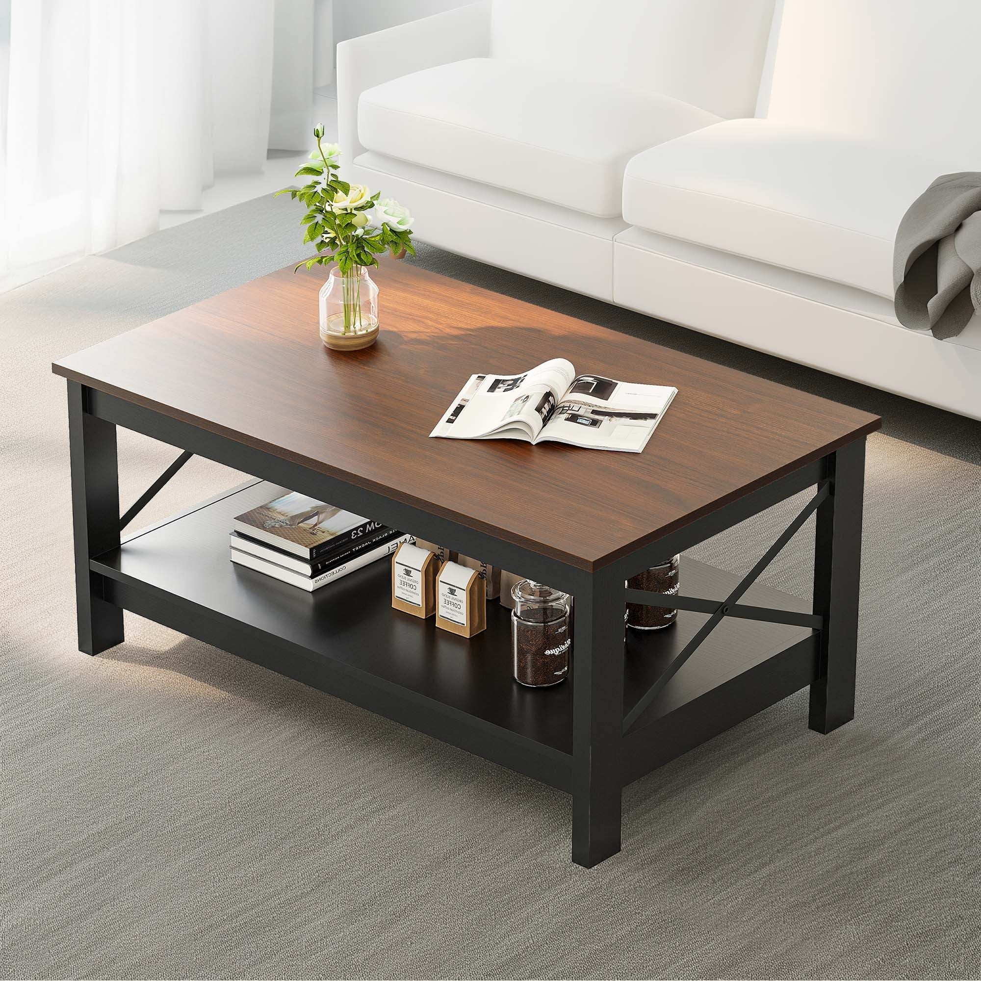 Rectangular Wood Coffee Table with Dual- Tier Open Storage Optimized for Robotic Cleaning - Walnut + black - Coffee