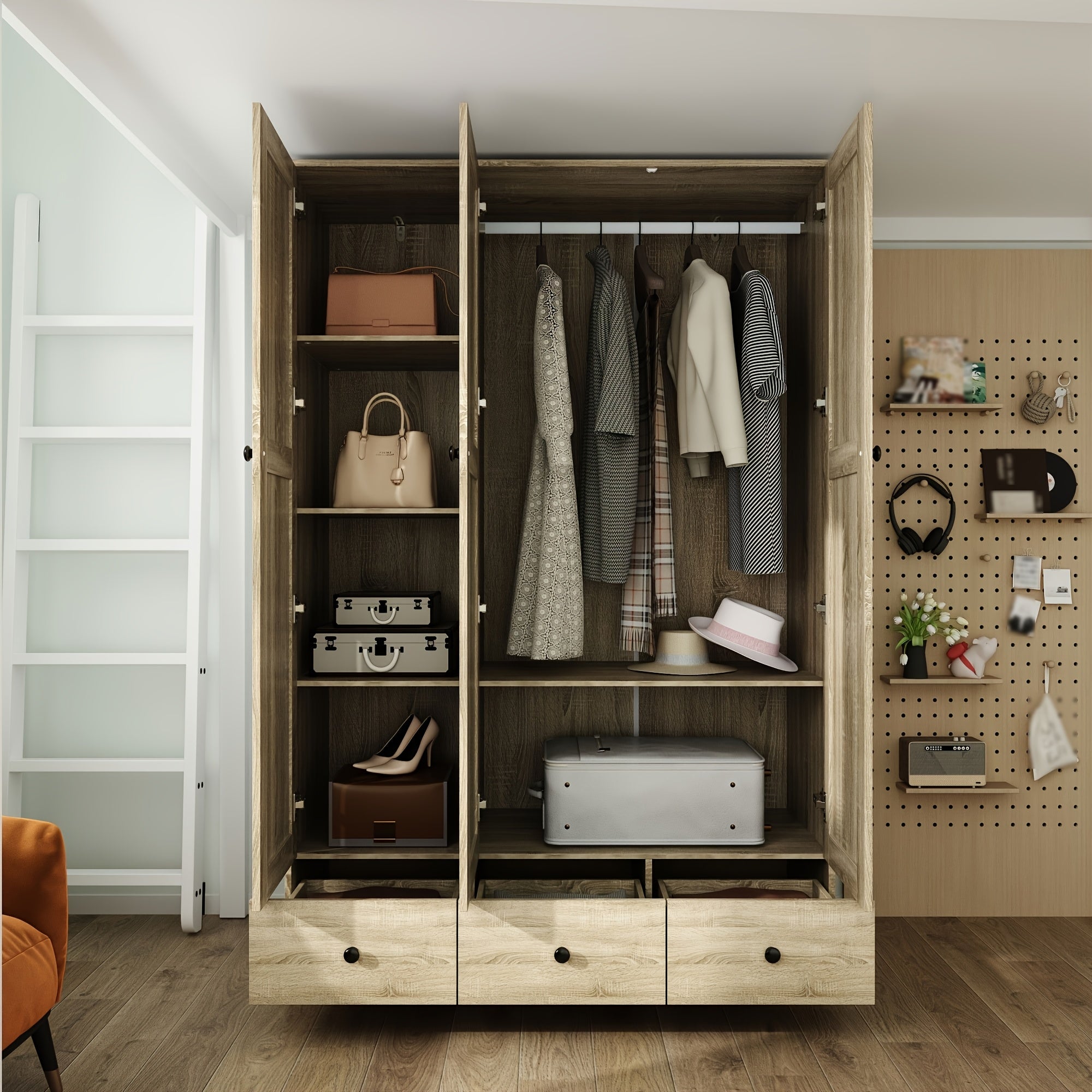 Modern Wardrobe Armoire Wooden Closet with 3 Drawers, Shelves And Hanging Rods, Storage Cabinet And Clothing Organizer for Bedroom