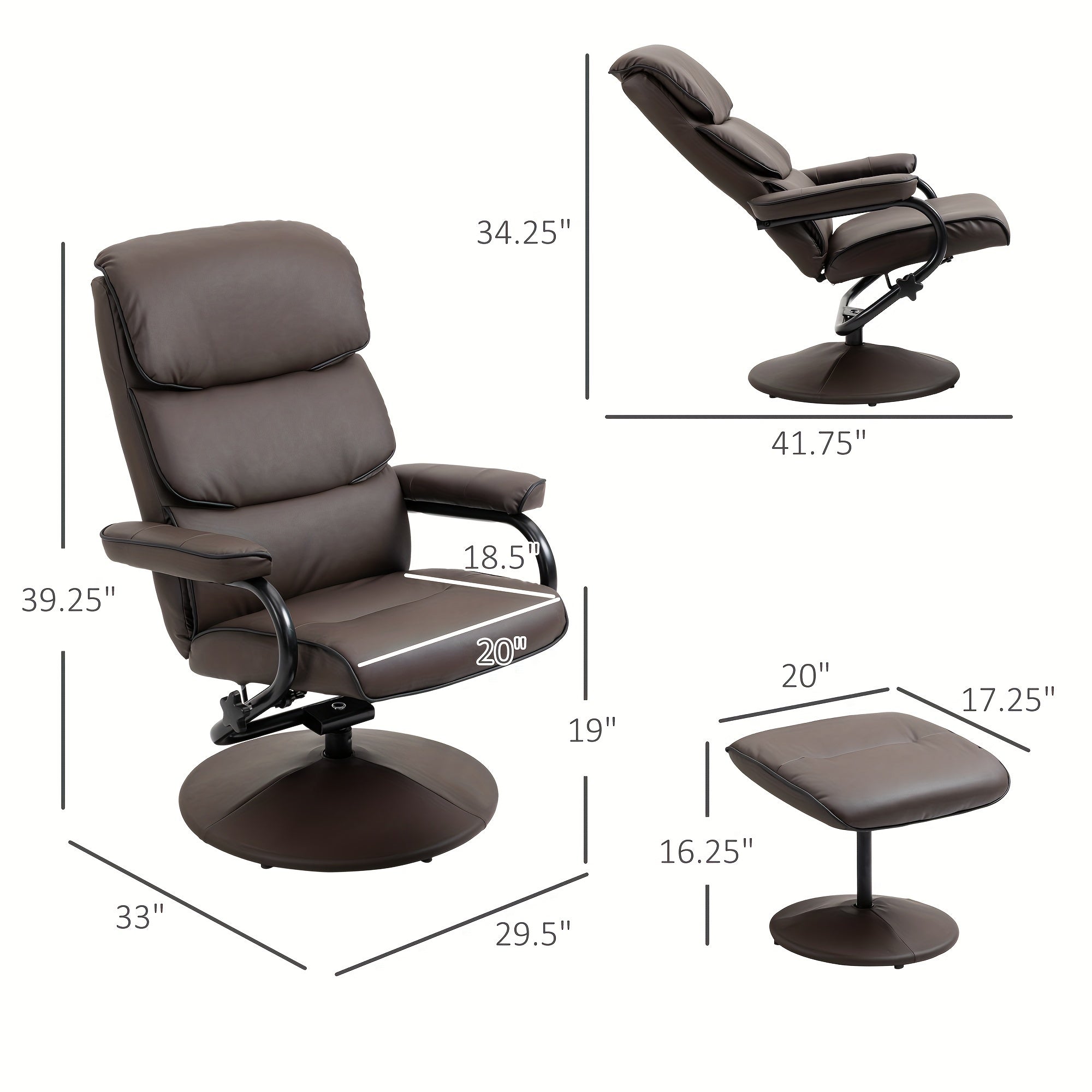 Recliner Chair With Ottoman, PU Leather Swivel High Back Armchair W/ Footrest, 135° Adjustable Backrest And Thick Foam Padding, Brown