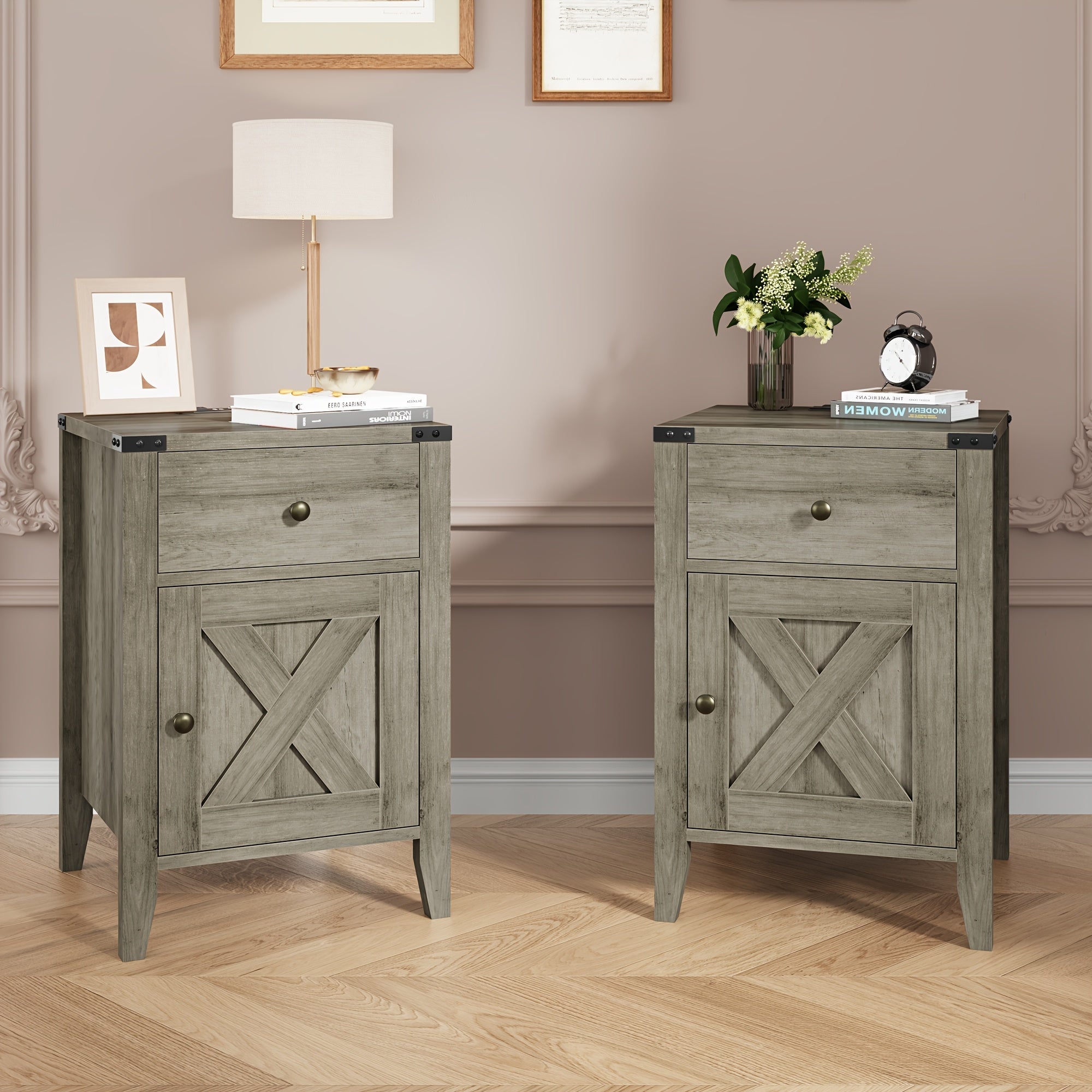 Bedroom 2pcs Set Bedside Table, Country Style Side Table with Large Drawer and Storage Cabinet