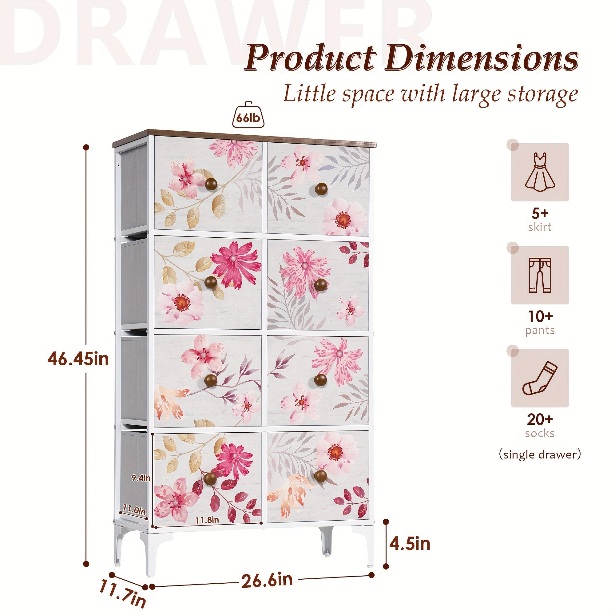 Tall Dressers for Bedroom with 8 Drawers, Storage Drawer Unit for Closet, Fabric Organizer Chest of Drawers for Kids, Living Room, Nursery, Steel Frame, Wood Top