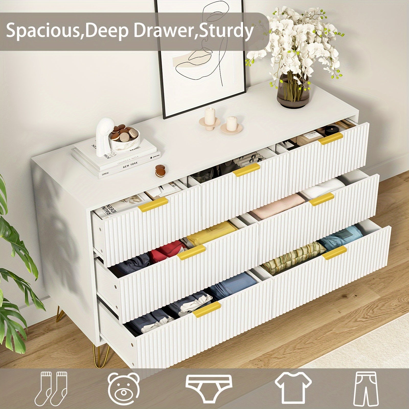 Modern Fluted Wood Dresser with Golden Handle 7 Drawers - White Storage Organizer for Bedroom Living Room Hallway