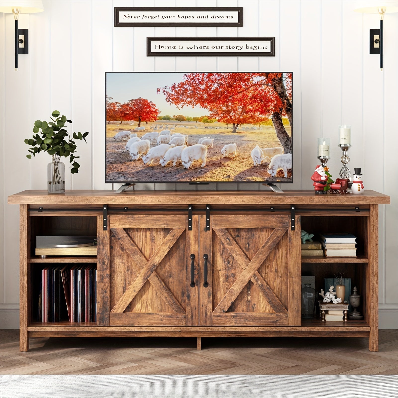 58'' Rustic Wooden Entertainment Center W/Adjustable Storage Shelves, Sliding Barn Door, Mid Century TV Console Media Cabinet For Bedroom Living Room