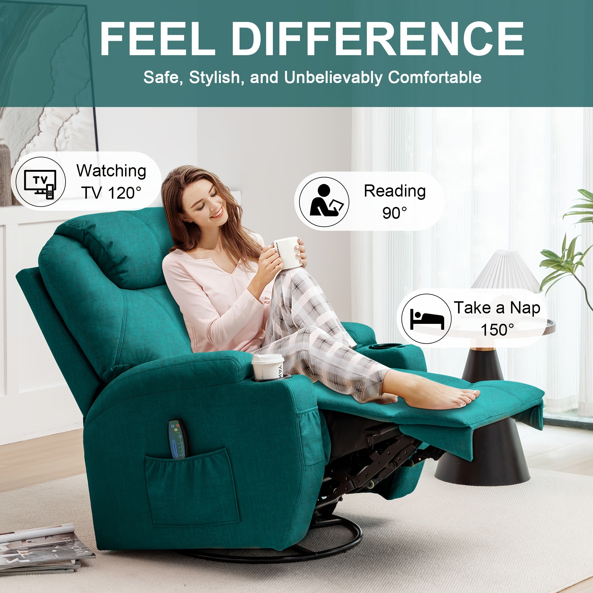 Massage Swivel Rocker Recliner with Heat and Vibration Massage, Manual Rocking Recliner Living Room Chair