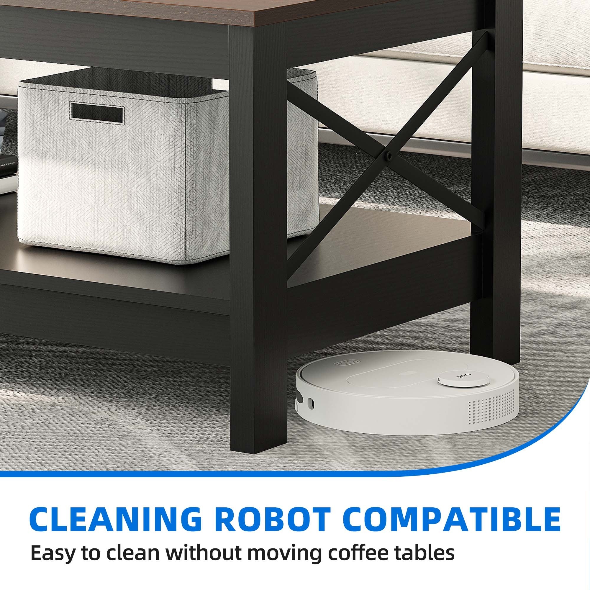Rectangular Wood Coffee Table with Dual- Tier Open Storage Optimized for Robotic Cleaning - Walnut + black - Coffee