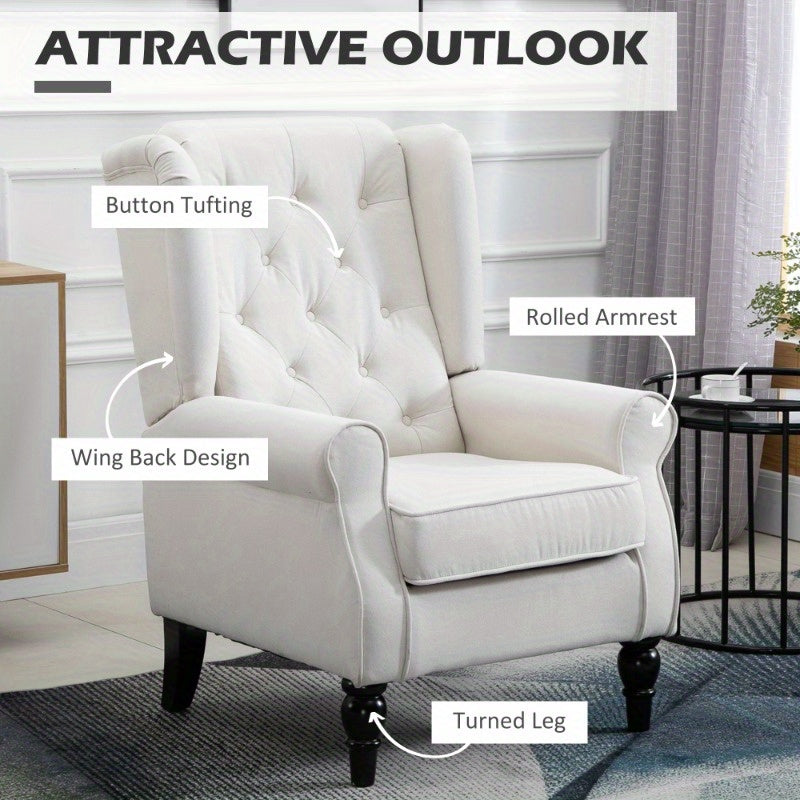 Button-Tufted Accent Chair with High Wingback, Rounded Cushioned Armrests and Thick Padded Seat, Cream White