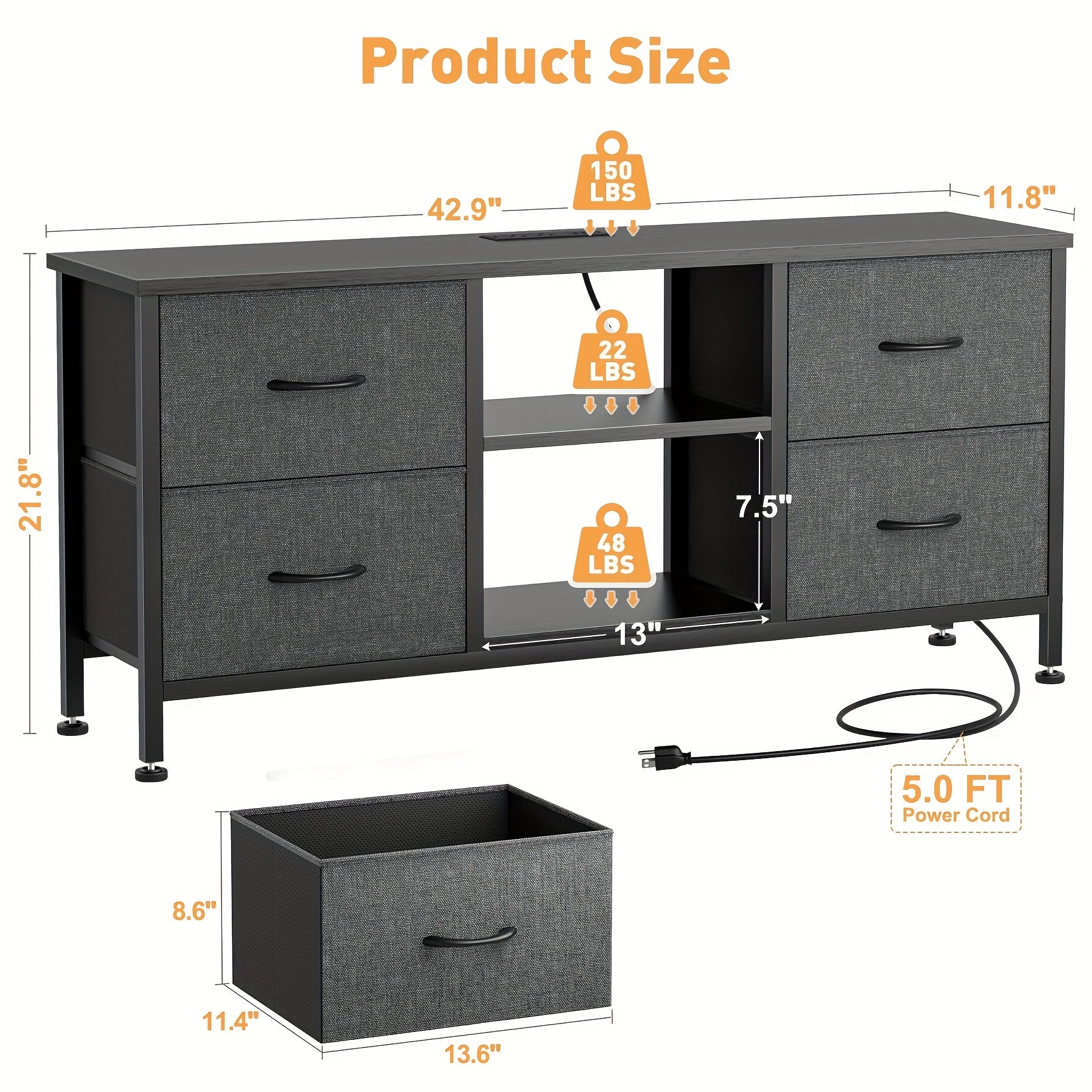 Dresser TV Stand With Power Outlet For 50'' TV, Long Dresser For Bedroom With 4 Fabric Drawers, Wide Console Table For Storage In Closet Living Room Entryway, Wood Top