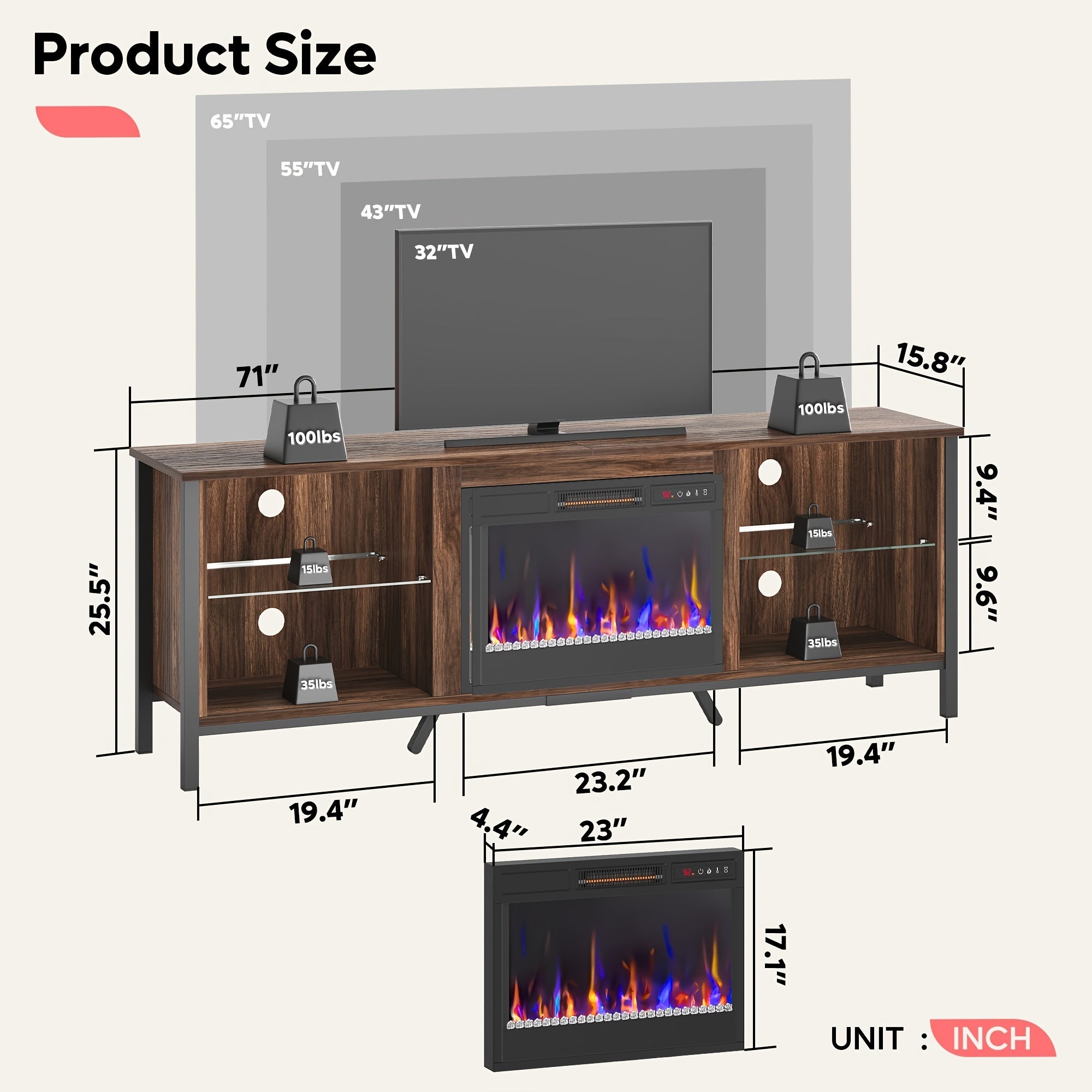 1pc Modern 70" Hardwood TV Stand with Electric Fireplace, LED Lights, and Storage Shelves - Particle Board Construction, Metal Frame, Independent Design, US Plug, 110V, for Living Room and Bedroom, Fireplace Tv Stand