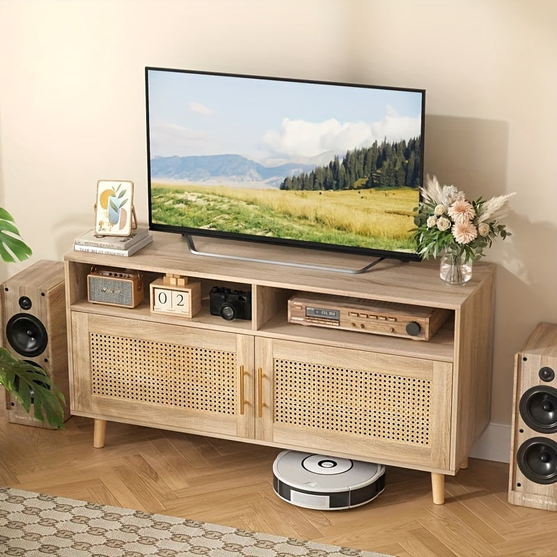 Rattan TV Stand for TVs up to 55", Entertainment Center with Adjustable Shelves, Rattan TV Console with 2 Cabinets, Media Console, for Living Room - Natural Oak