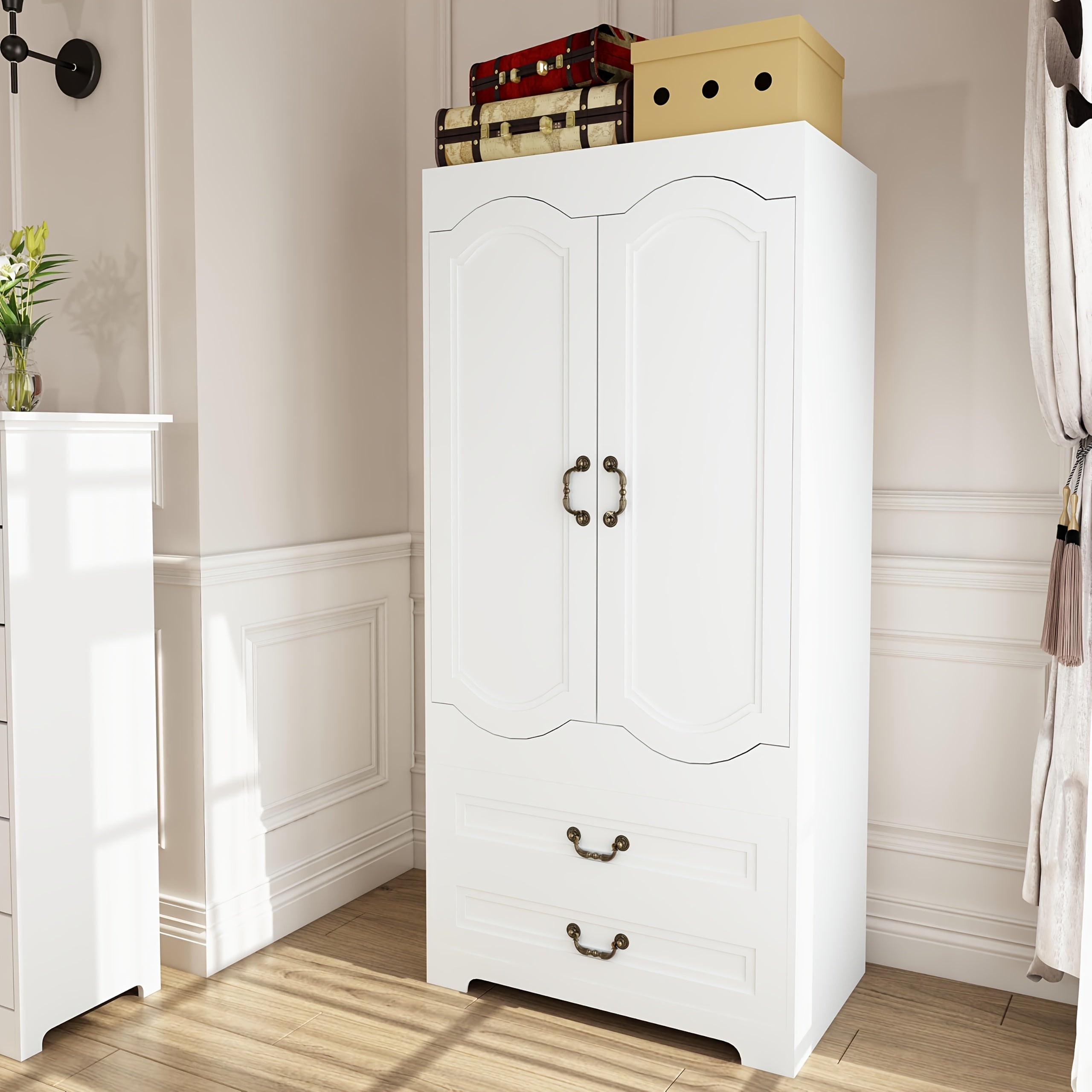 Armoire Wardrobe Closet With 2 Drawers, Easy-to-assemble Tall Wooden Wardrobe Closet With 2 Doors And Hanging Rail, Free Standing White Armoire For Bedroom