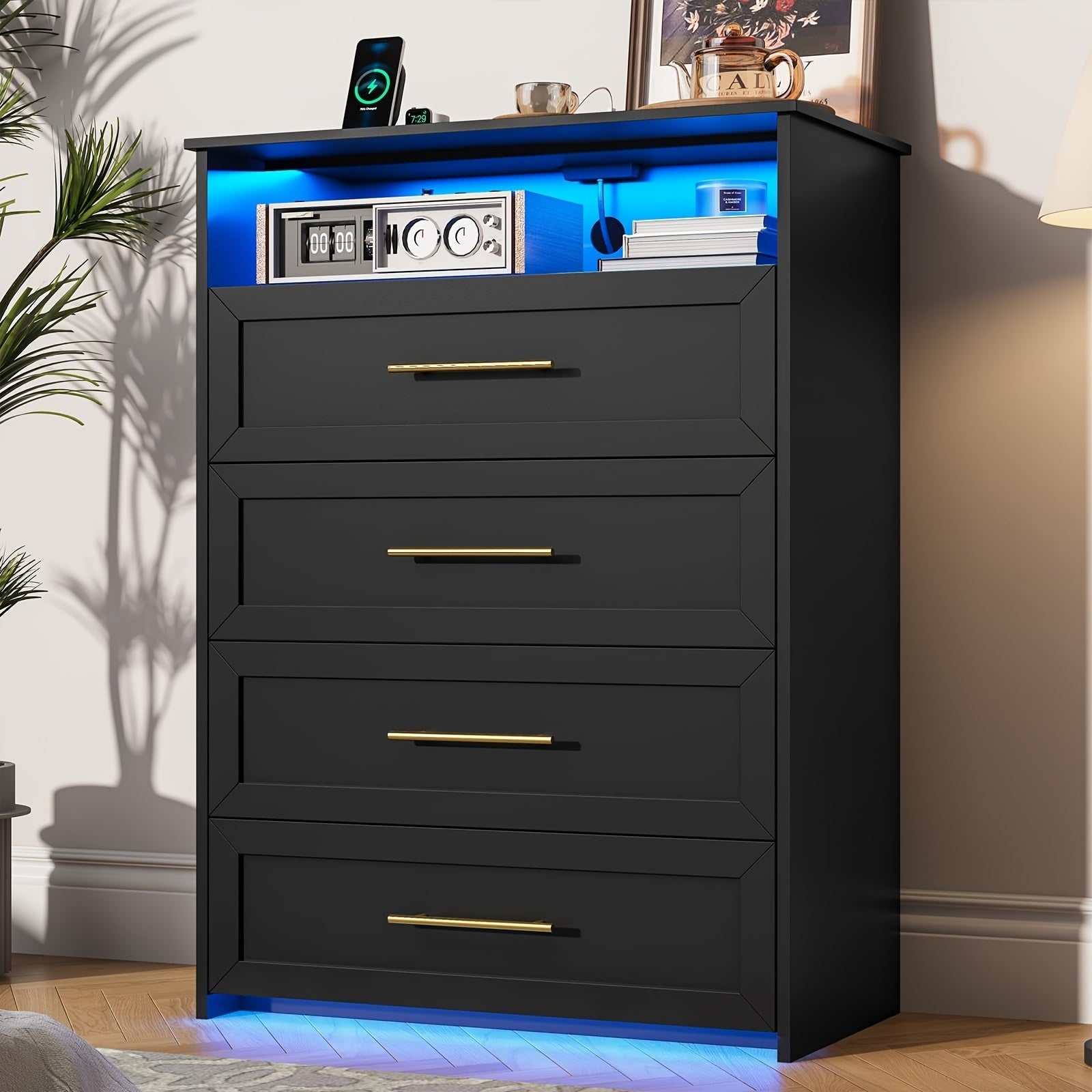 Vanity Dresser 101cm Tall Wood Chest Of Drawers 4 Drawers Dresser For Bedroom With Metal Handle Black Storage Dresser