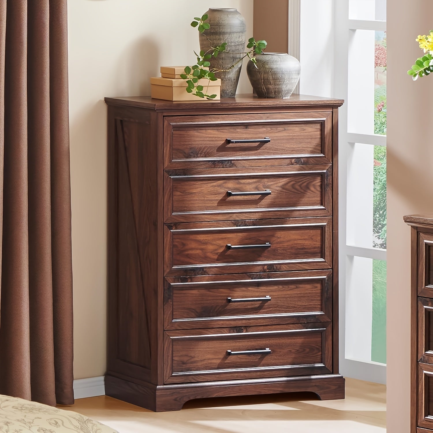 Rustic 5-Drawer Wooden Dresser Chest 117cm Tall with Wide Metal Handles Natural Texture Finish Ideal for Bedroom Living