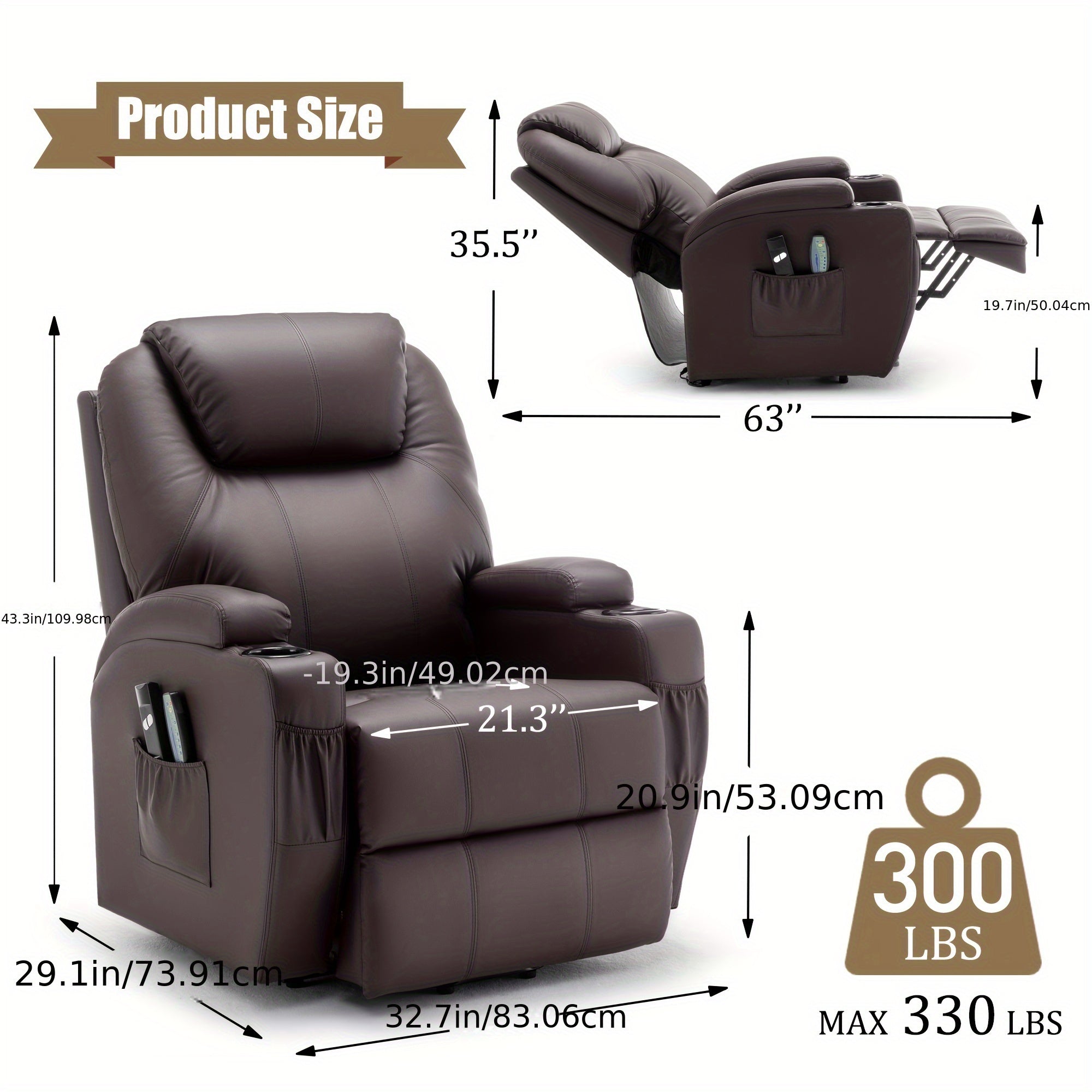 Faux Leather Power Lift Recliner Chair For Elderly And Adults, Electric Recliner With Massage And Heating, Recliner Chair With Remote Control And Cup Holder