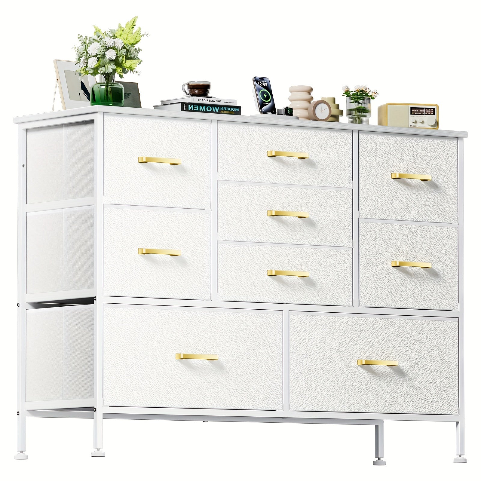 5/8/9 Drawers Dresser For Bedroom White Dresser With Fabric Drawers Chest Of Drawers With PU Finish Metal Handle