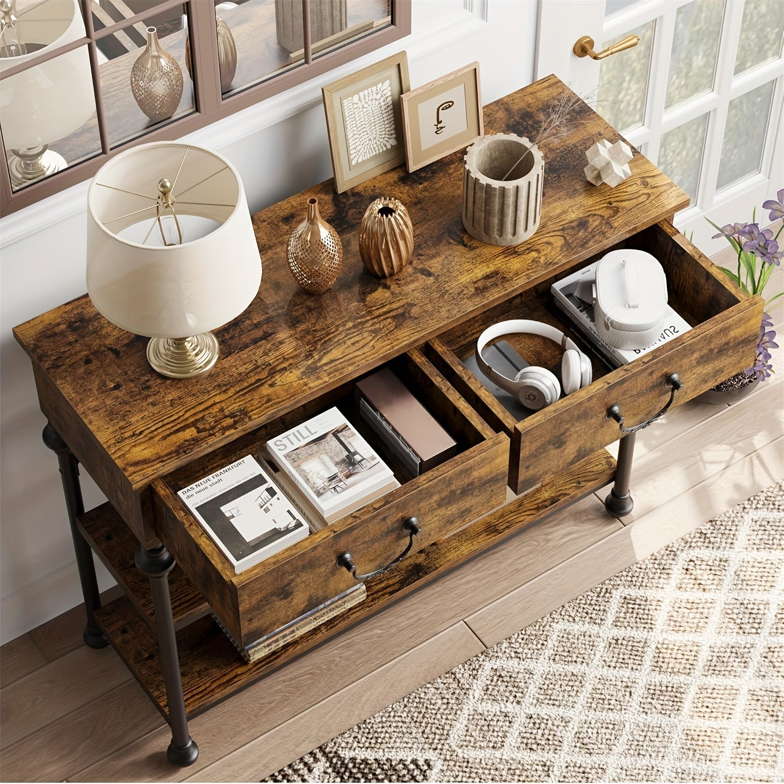 Console Table with Drawers, Sofa Tables Narrow Entryway Table with Storage, 39.4" Behind Couch Table Industrial Hallway Table Home Furniture for Living Room, Foyer, Bedroom, Rustic Brown