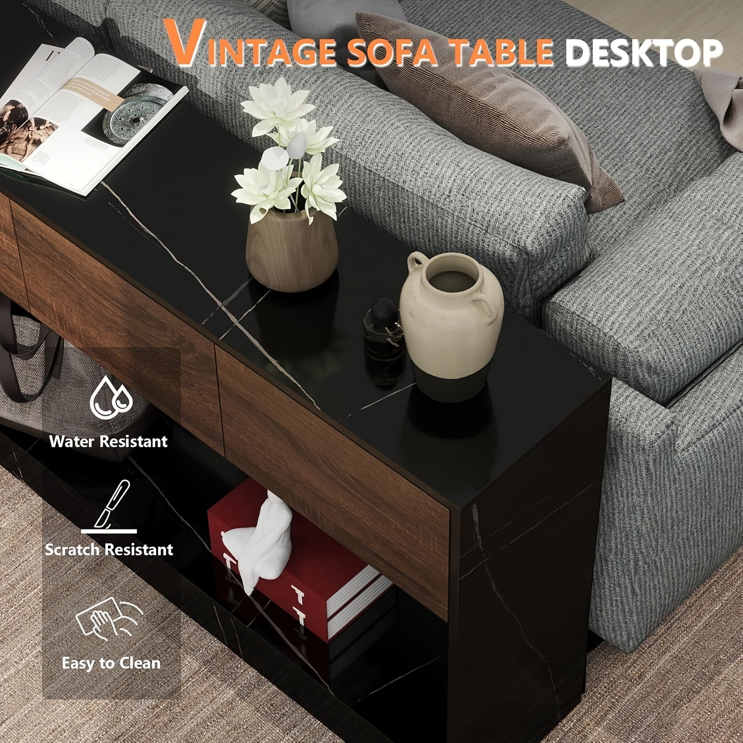 51" Long Console Table 3 Drawers Entryway Table With Storage Sofa Table With Open Shelf Behind Couch Table For Living Room, Foyer, Hallway, Entry Black And Office Marble Black And Brown