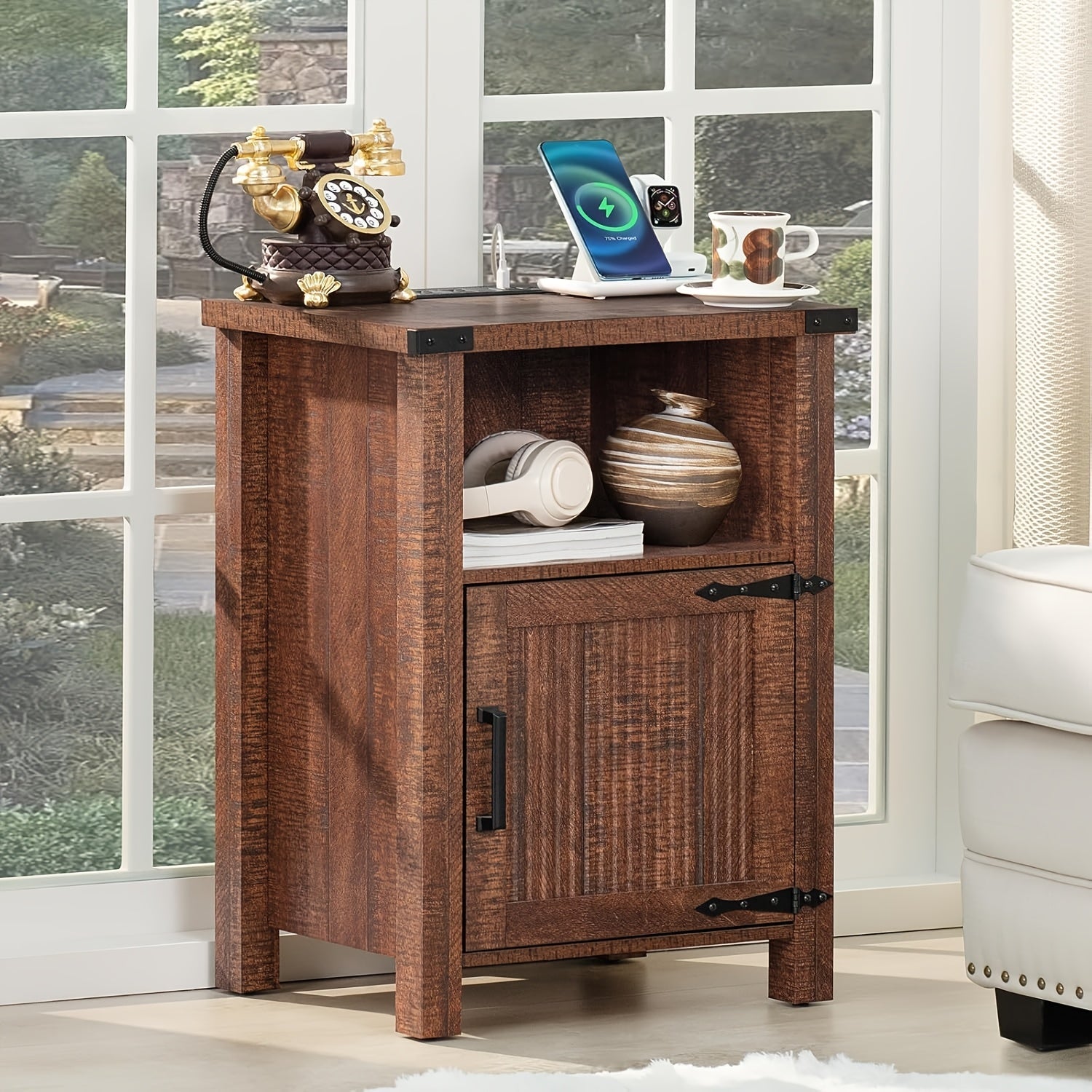 Rustic Farmhouse Nightstand with Built-In Charging Station & USB Ports - Spacious Storage Shelf, Magnetic Door, and Durable Wood Construction for Bedroom