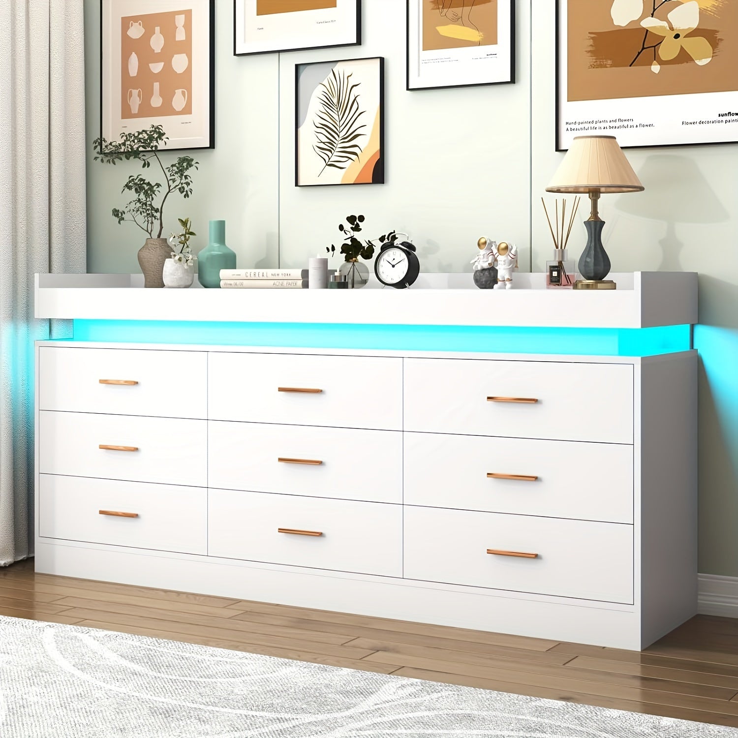 9 Drawer Dresser With LED Light Modern Chest Of Drawers For Closet Wide Drawer Organizer Cabinet For Bedroom Living