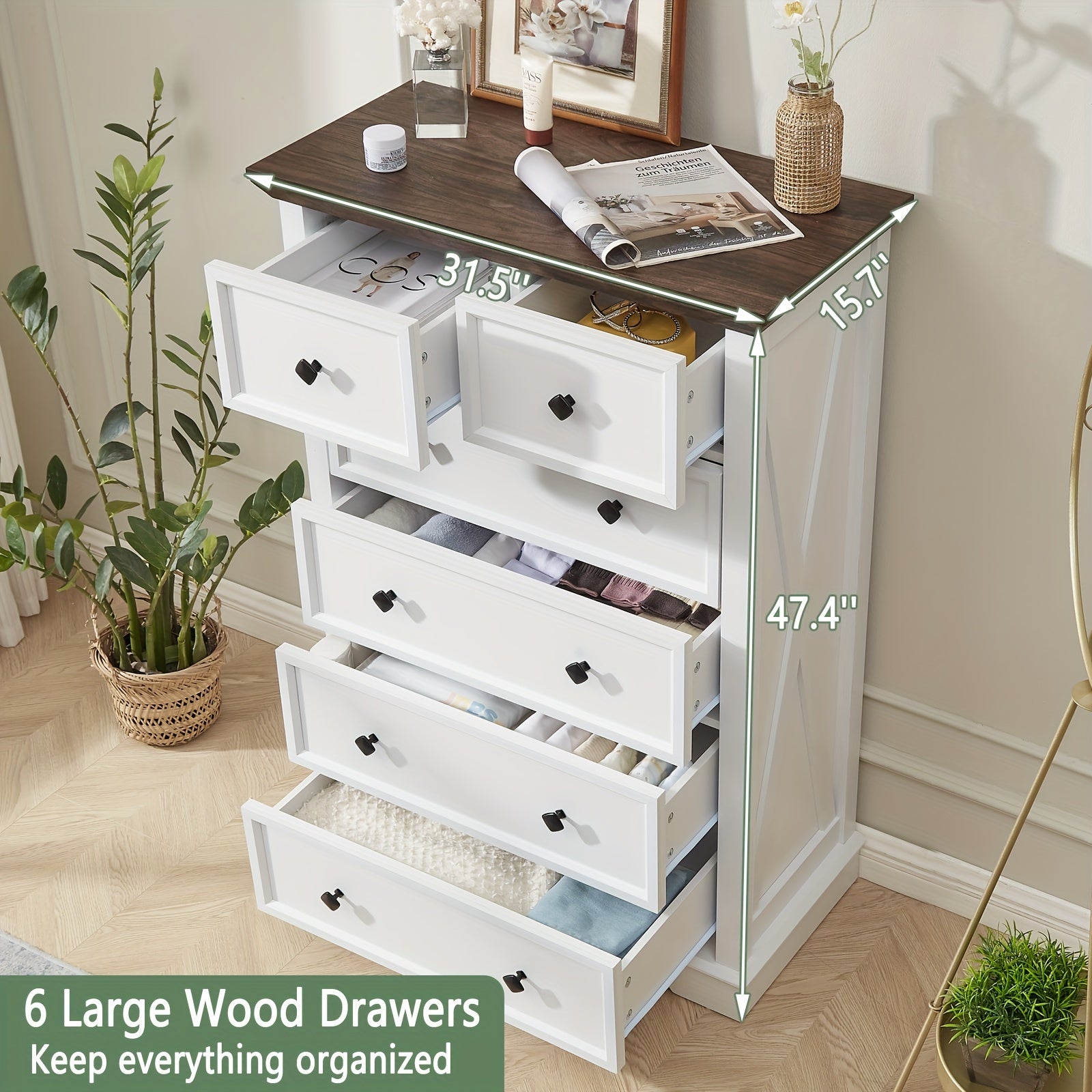 1pc Farmhouse Style 6-Drawer Dresser, 48" Tall Hardwood & Artificial Board Chest, White Storage Cabinet for Bedroom, Living Room, Entryway - Independent, No Electricity Needed