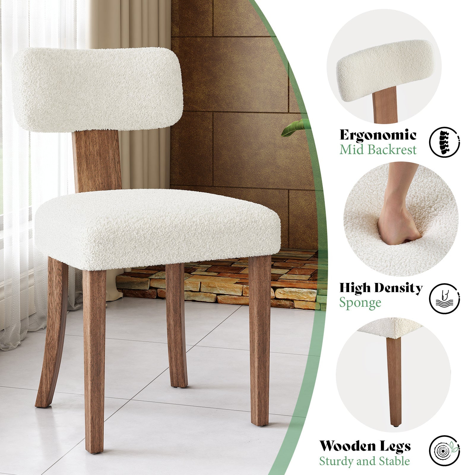 Modern Linen Dining Kitchen Chairs with Upholstered Curved Backrest & Seat, Chairs for Dining Table, Hardwood Frame