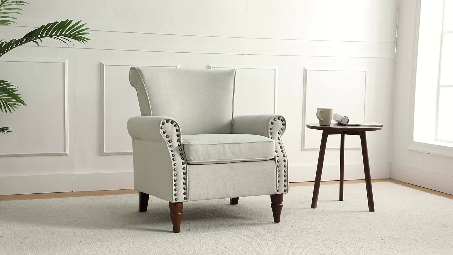 Modern Accent Chair with Wooden Legs & Nailhead Trim, Small Fabric Club Chair, Comfy Upholstered Armchair Lounge Chair for Bedroom Living Room Single Sofa (Ivory)