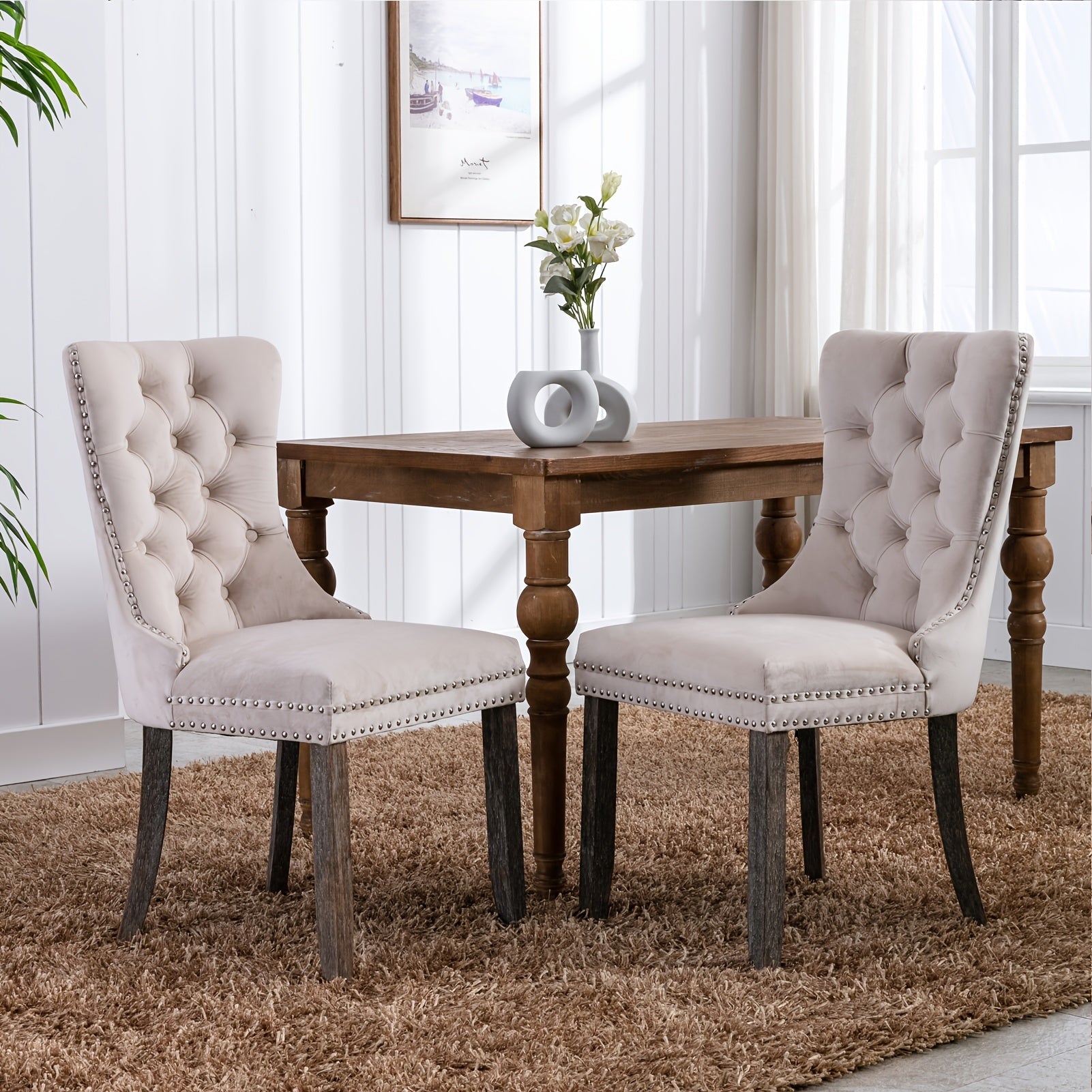 2pcs Dining Chair Set, Upholstered Dining Room Chairs with Nailhead Back Ring Pull Trim and Solid Wood Legs, Luxury Tufted Diner Chairs for Kitchen, Bedroom, Dining Room