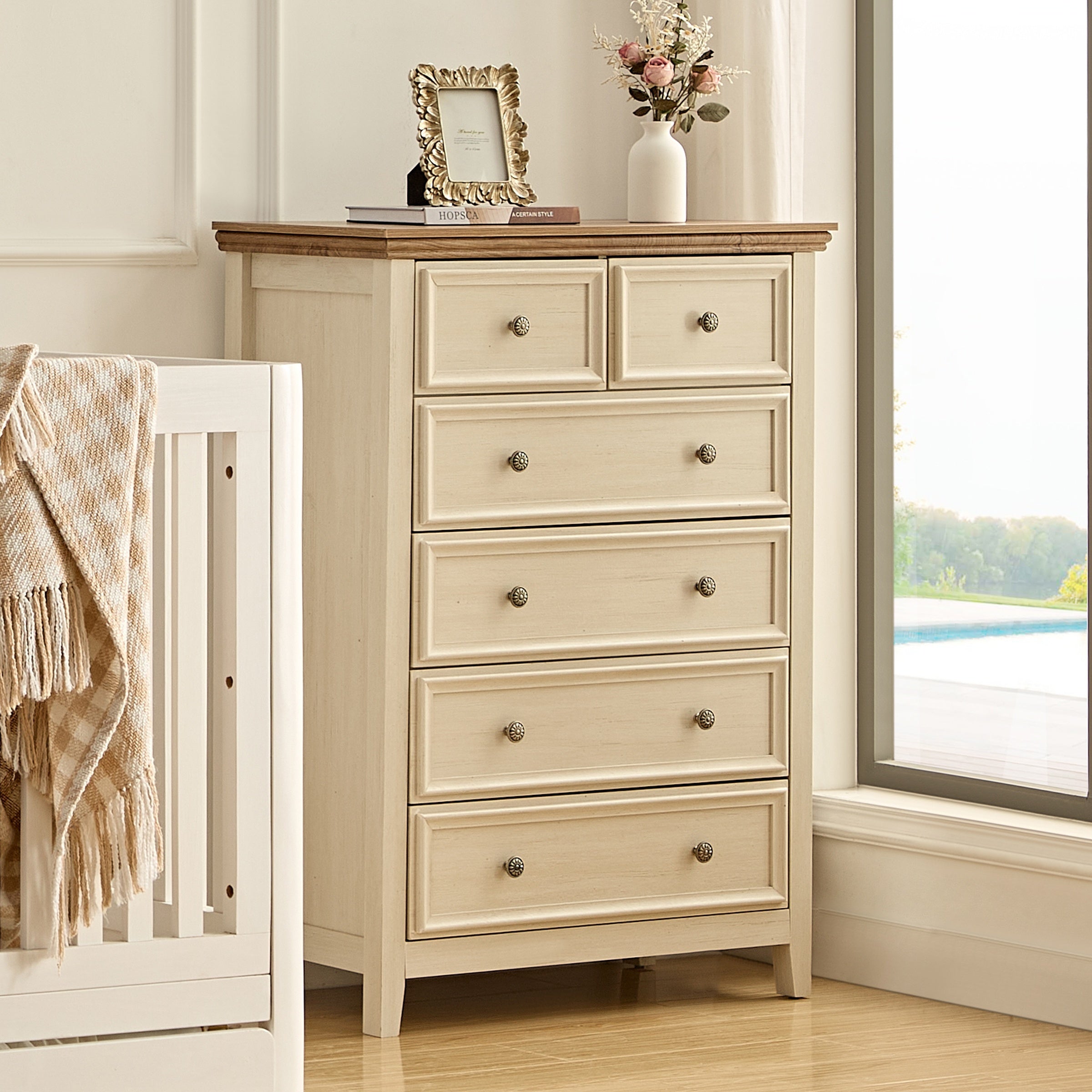 Dresser For Bedroom With 6 Drawers 5 Drawer Tall Chest Of Drawers For Bedroom Beige Wood Modern Storage Cabinet With 7