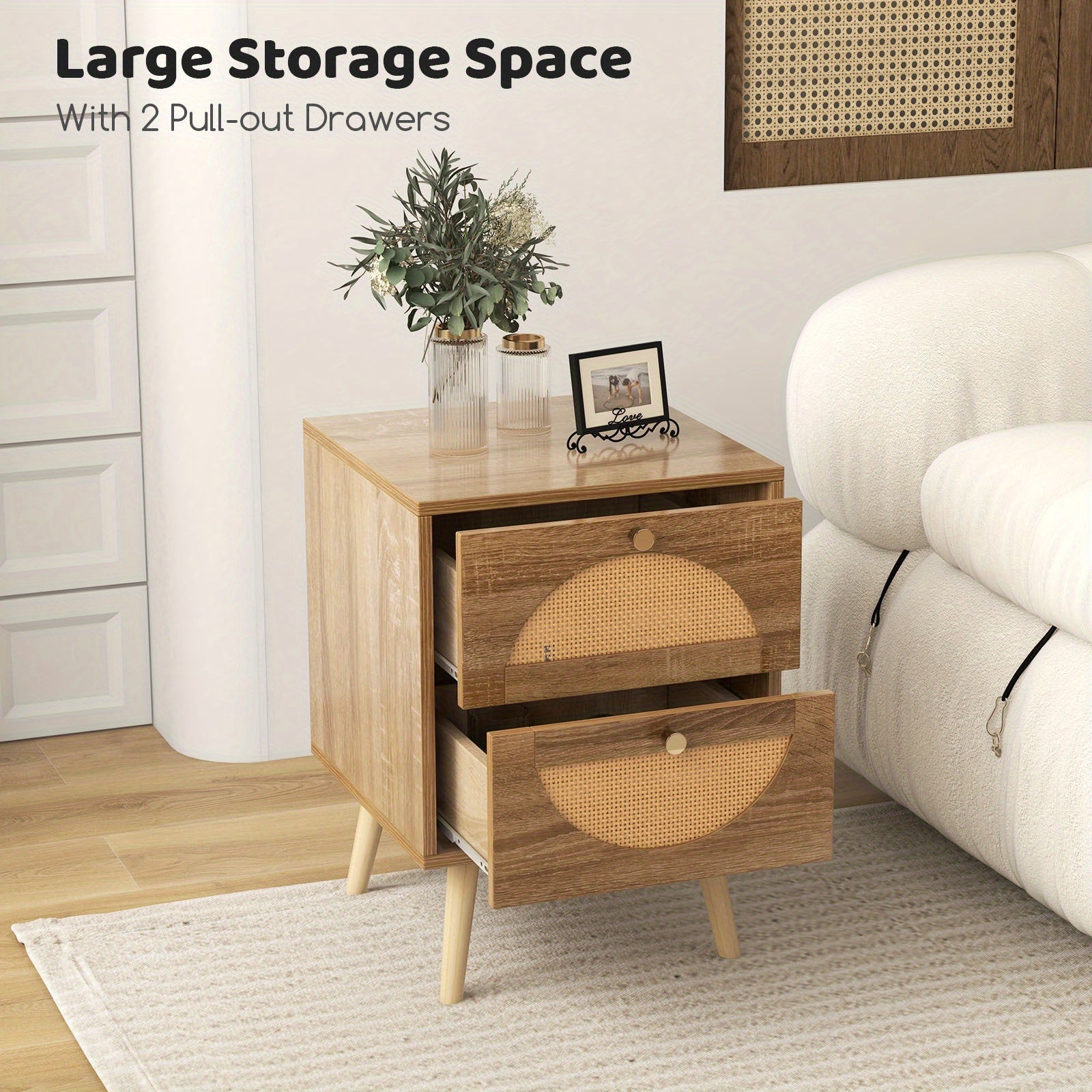 2pcs Rattan Nightstand w/ 2 Drawers Bohemian Style Side End Table w/ Solid Wood Legs Compact Wood Coffee Table Home