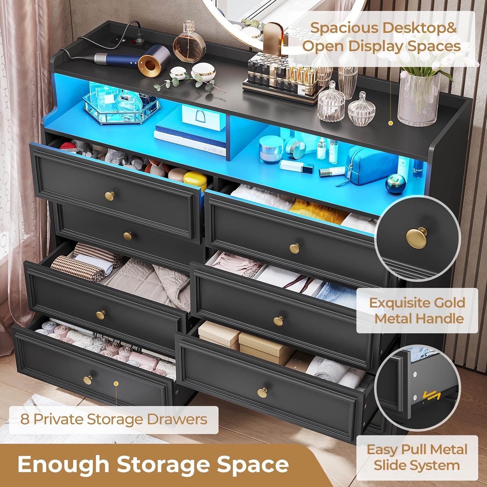 Bedroom Dresser With Charging Station LED Dresser With 8 Large Storage Drawers Chest Of Drawers Storage Organizer Large