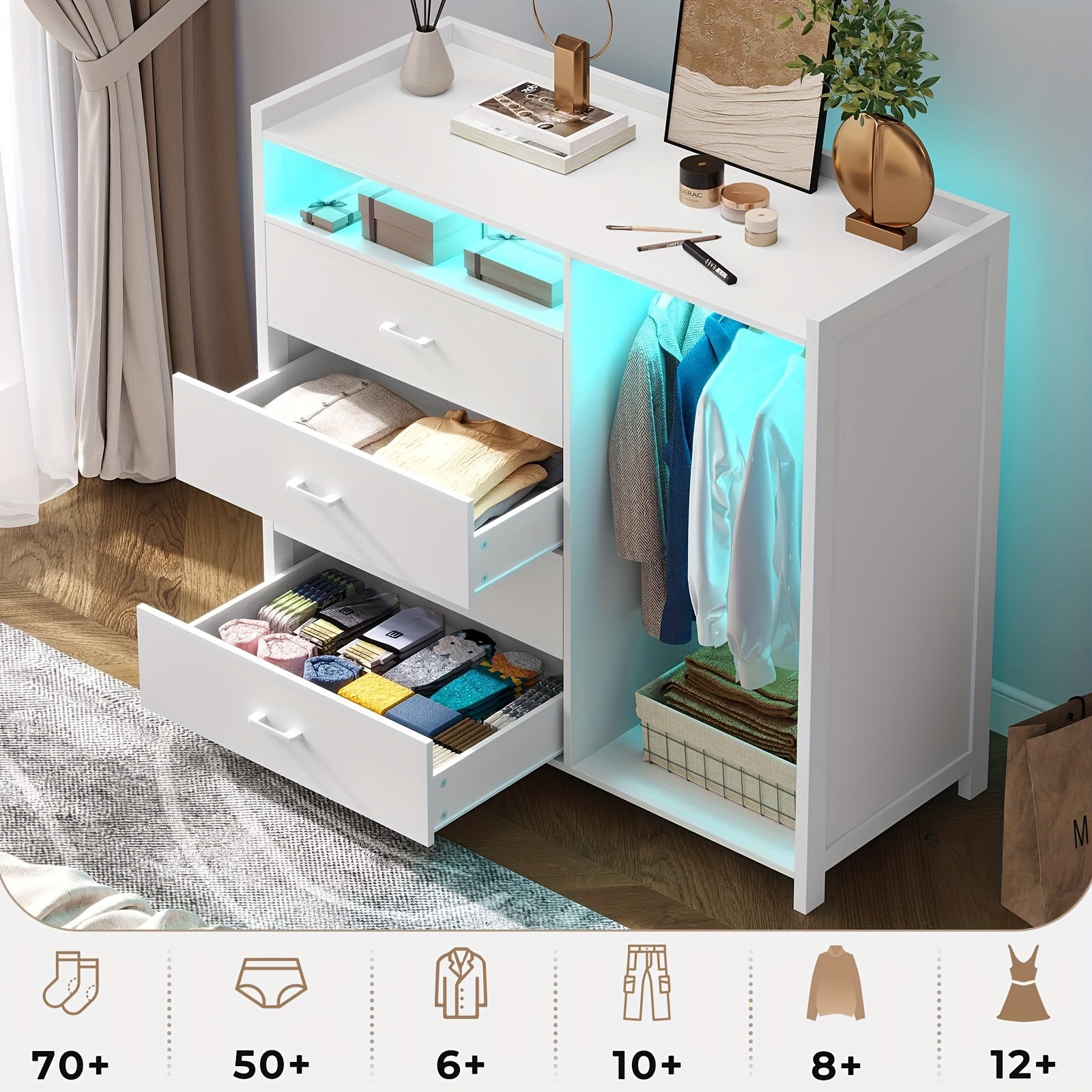 Modern White 4-Drawer Dresser with LED Lights - Versatile Storage Chest for Bedroom, Includes Clothes Rail & Open Shelf