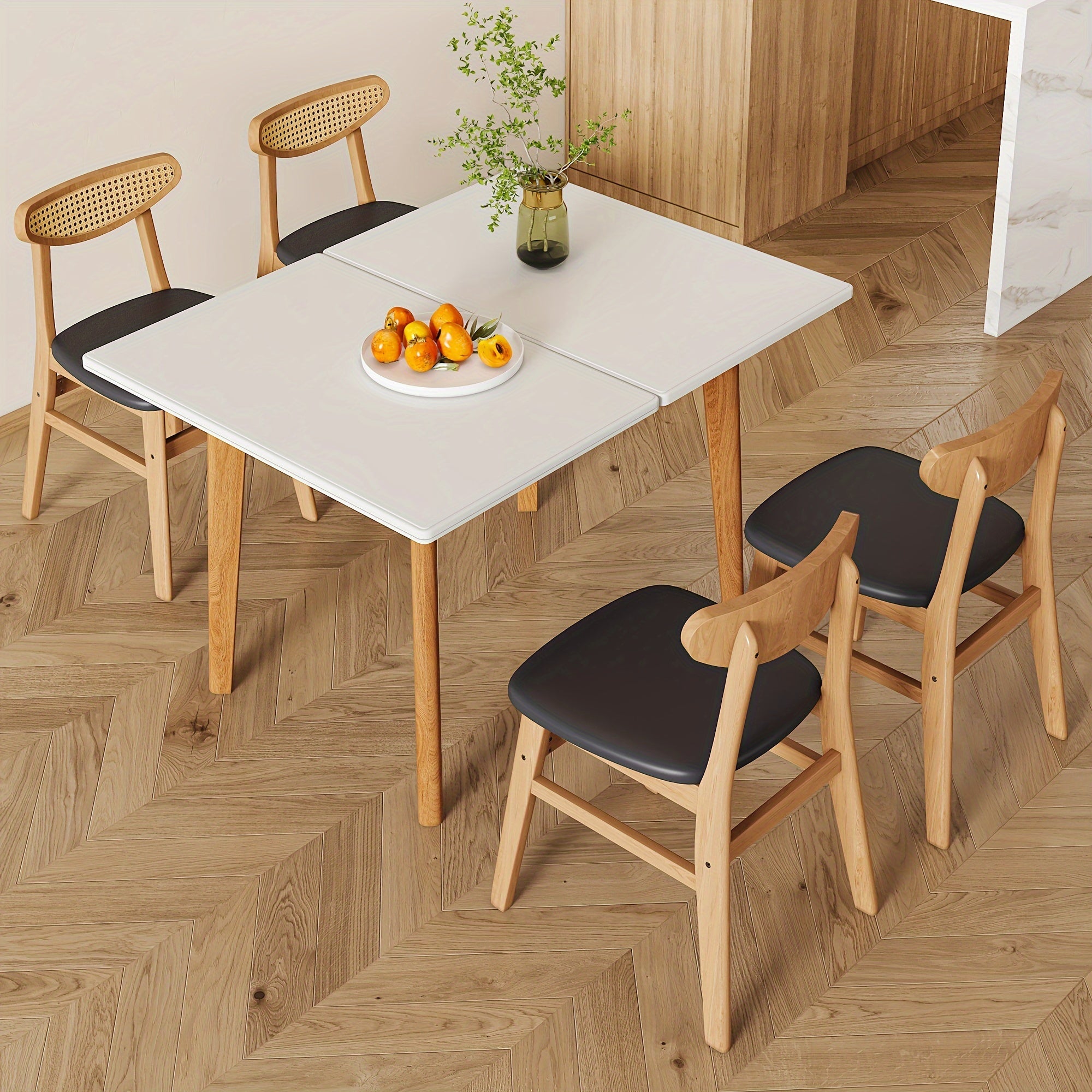 Table And Chair Set, 4 Or 6 Chairs And A Foldable Table, White Sintered Stone Tabletop, Rubberwood Legs, Foldable Computer Desk, Foldable Desk. Solid Wood Dining Chair With Small Curved Backrest And PU Cushions.