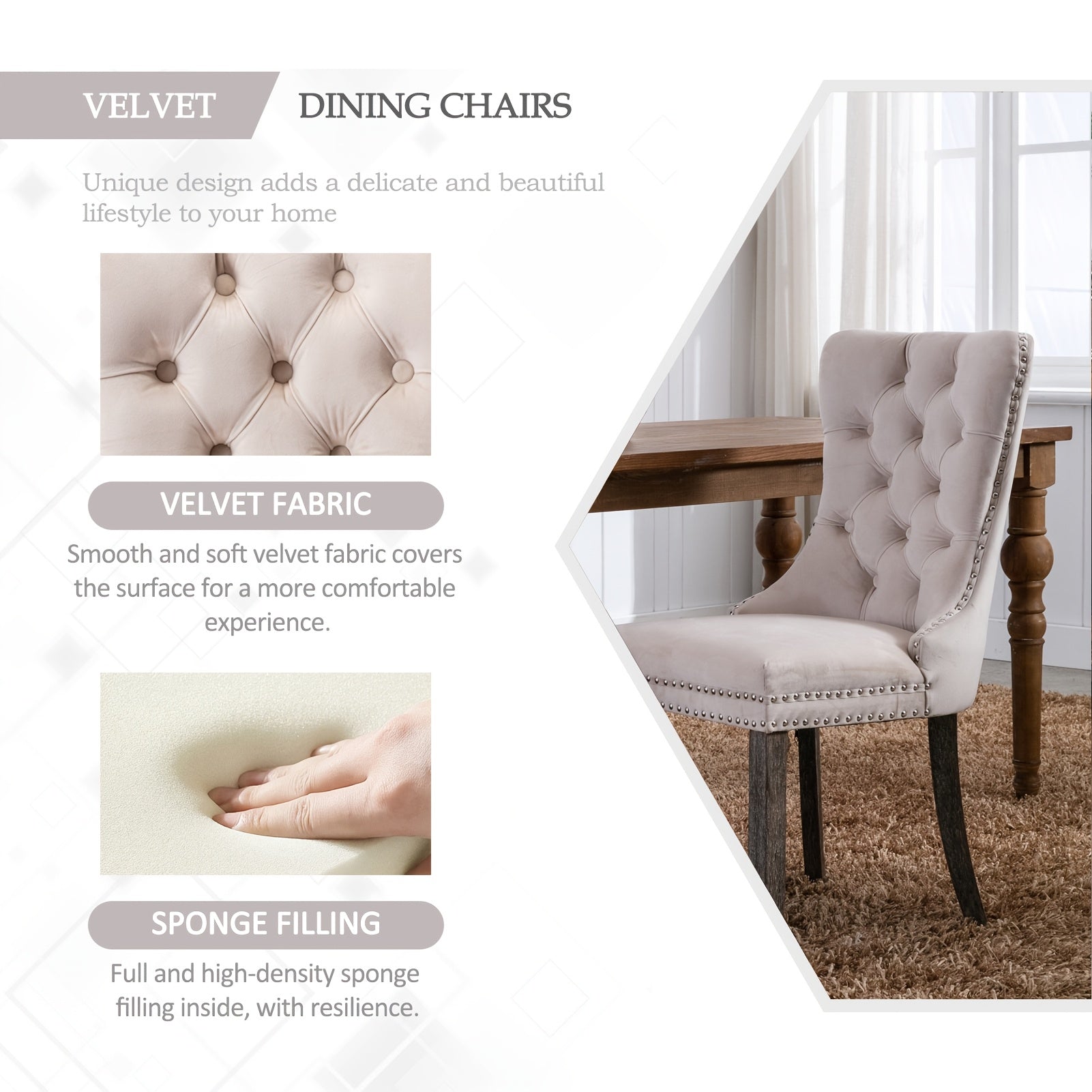 2pcs Dining Chair Set, Upholstered Dining Room Chairs with Nailhead Back Ring Pull Trim and Solid Wood Legs, Luxury Tufted Diner Chairs for Kitchen, Bedroom, Dining Room