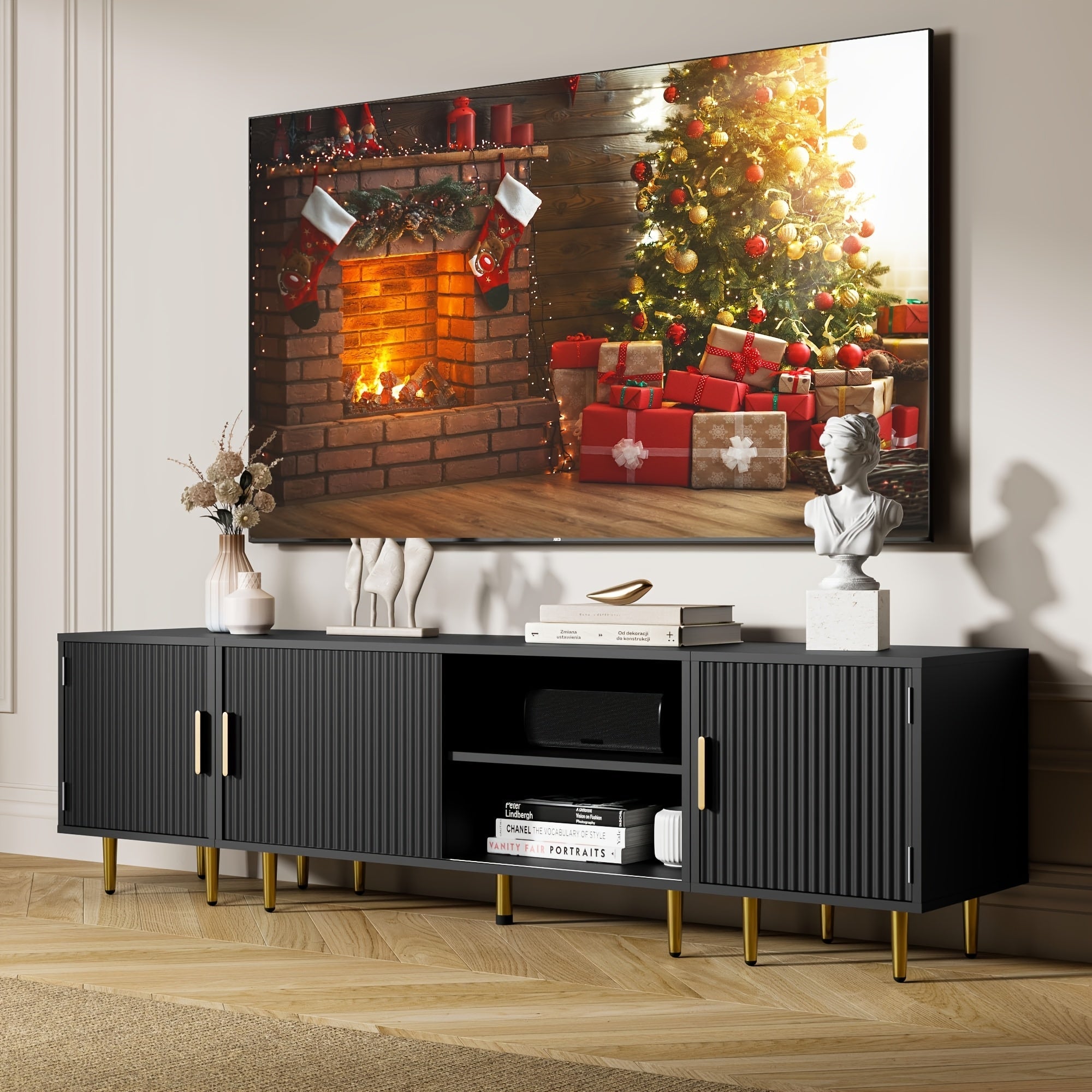 Modern White TV Stand with Fluted Waveform Doors, Lockable Entertainment Center for Living Room, Office, Studio - Includes 2 Movable Storage Cabinets, Freestanding Wooden Design, Fits 50/60/70/80 Inch TVs