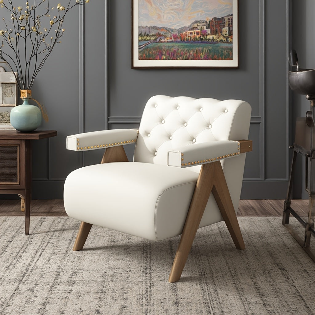 Mid Century Modern Accent Chairs With Solid Wood Frame, Boucle Upholstered Living Room Chairs With Thick Cushion, Comfy Tufted Arm Chair For Bedroom, Velvet Single Sofa