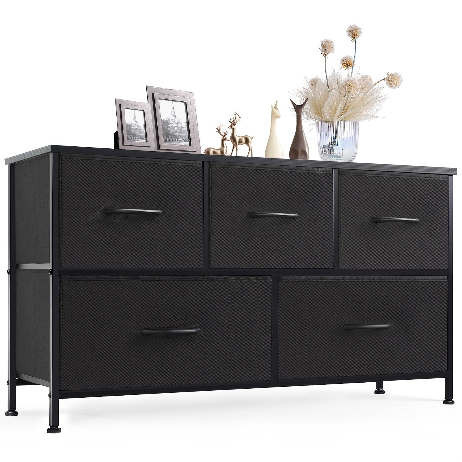 Dresser for Bedroom with 5 Fabric Drawers, Low Chest Organizer Units for Clothing, Closet, Storage Tower with Cabinet, Metal Frame, Wooden Top, Lightweight Nursery Furniture