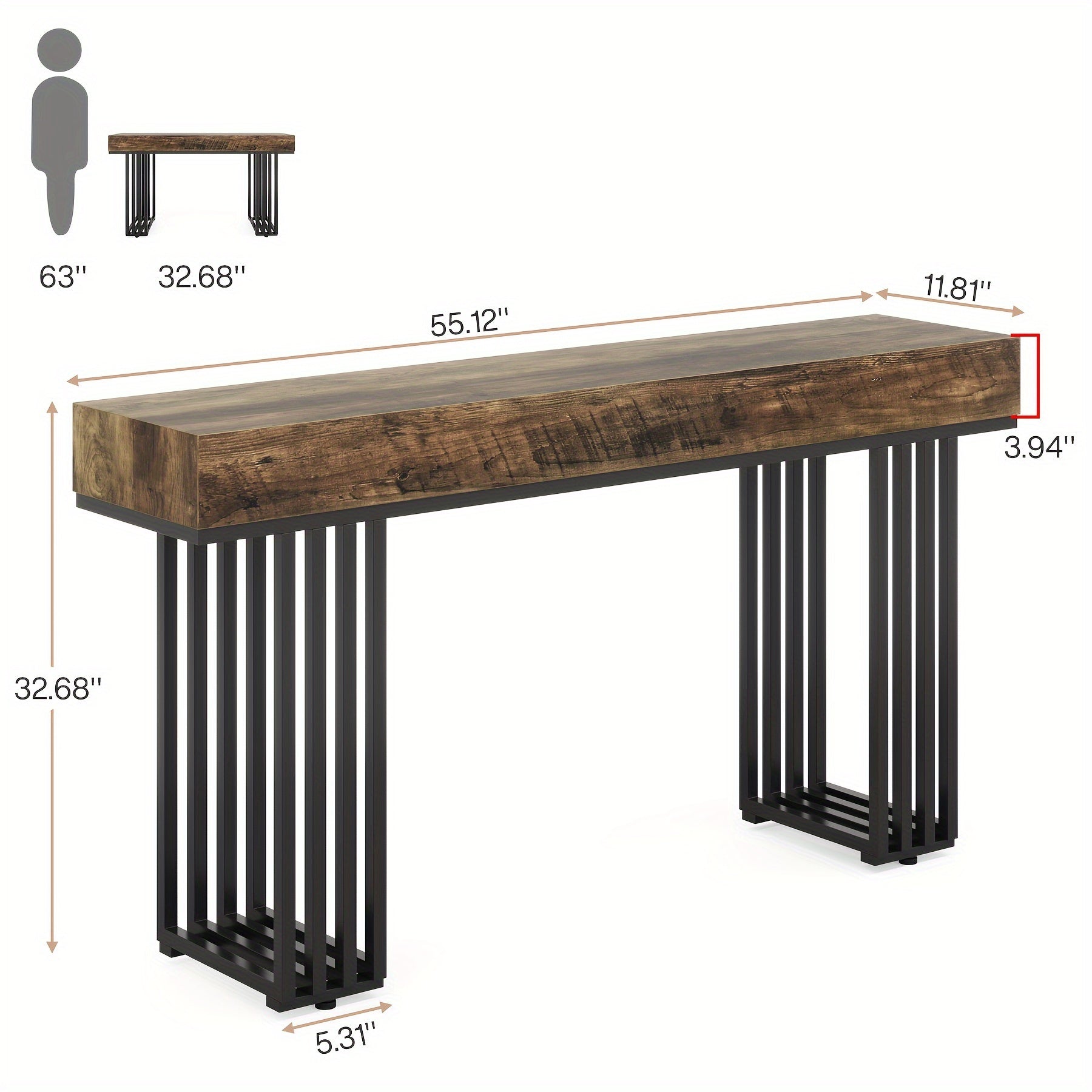 55-inch Wooden Console Table with Metal Legs, Retro Bracket Design, Multi-Functional Storage Sofa Table for Living Room, Bedroom, Study, Office - Floor-Mounted Shelf, Utility Racks