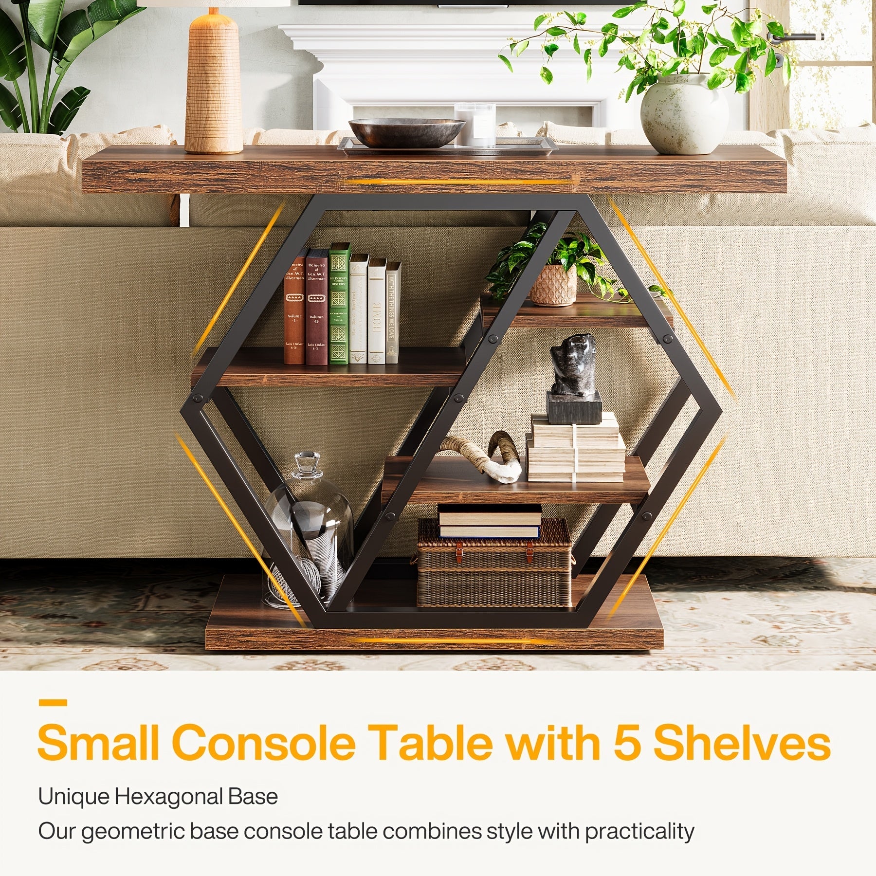 39.3'Brown Rectangle Wood Console Table, 5-Tier Sofa Table Storage Behind Sofa Entryway Couch Accent Wall Console Home