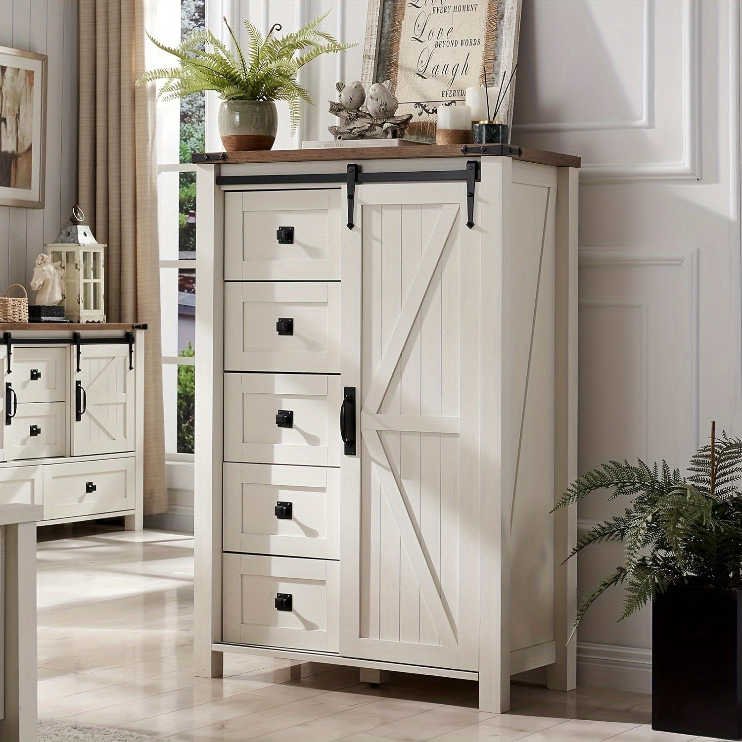 5 Drawers Dresser for Bedroom w/Sliding Barn Door Farmhouse Modern Tall Dresser 5 Chest of Drawers Storage Organizer
