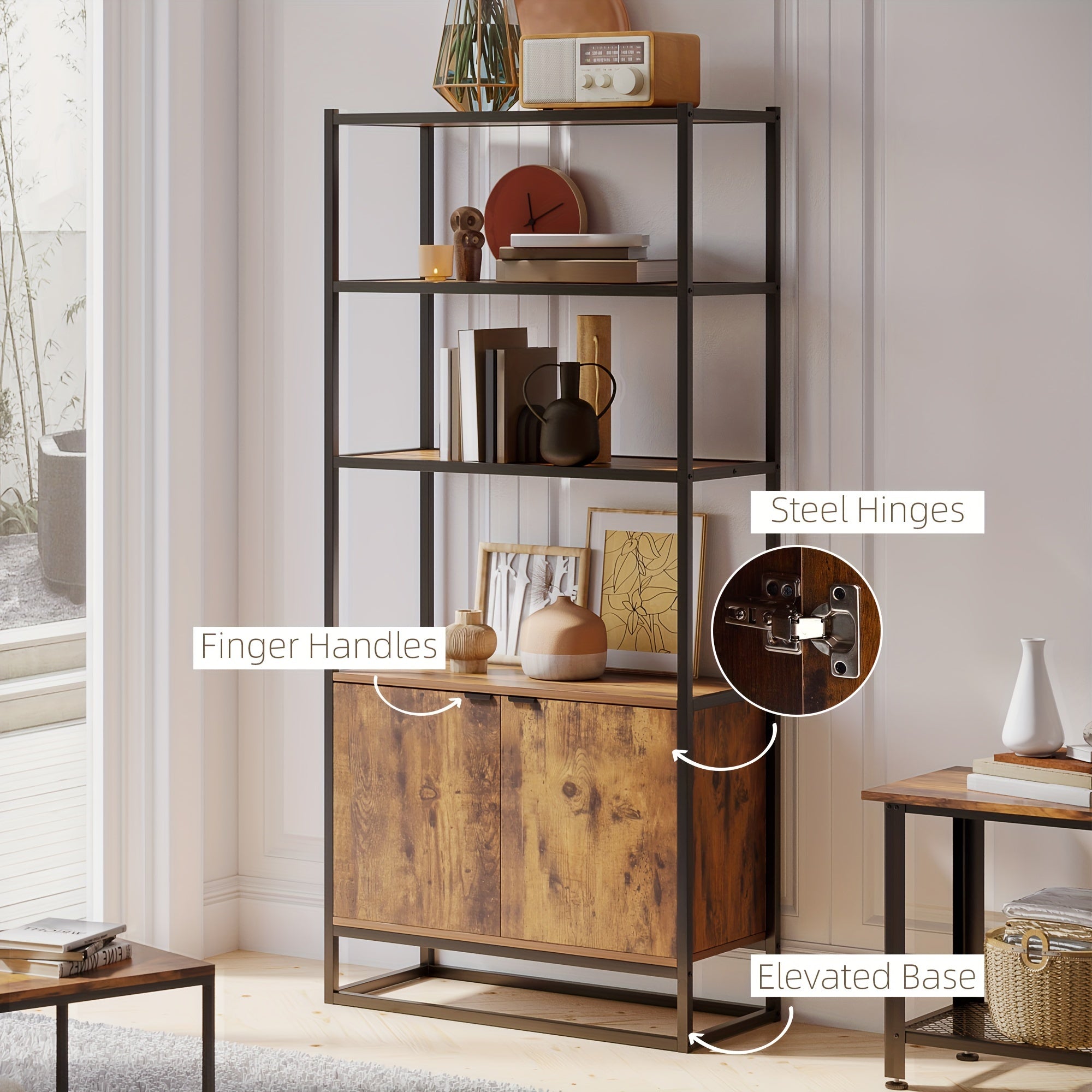 Bookcase With Cabinet 3-Tiers Bookshelf For Storage Tall Organizer Multifunctional Rack For Living Room Home Office