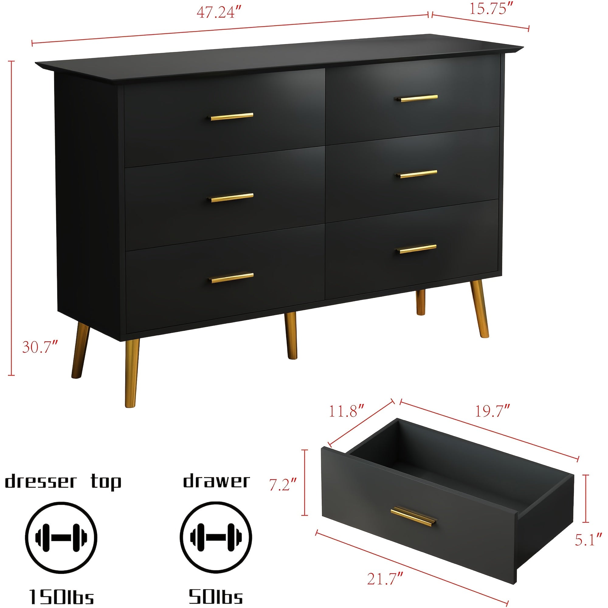 Dresser for Bedroom with LED Light, 6 Drawer Large Chest of Drawers, Modern Dresser with Lights, Wood Bedroom Dresser for Closet/Living Room/Hallway