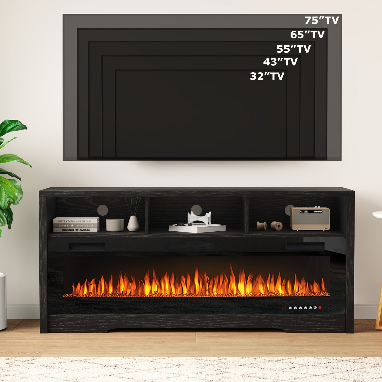 Fireplace TV Stand for TVs Up to 75" TV with 60" Electric Fireplace, Entertainment Center with Open Shelve Storage, 65 inch TV Stand with Fireplace, Entertainment Stand for Living Room