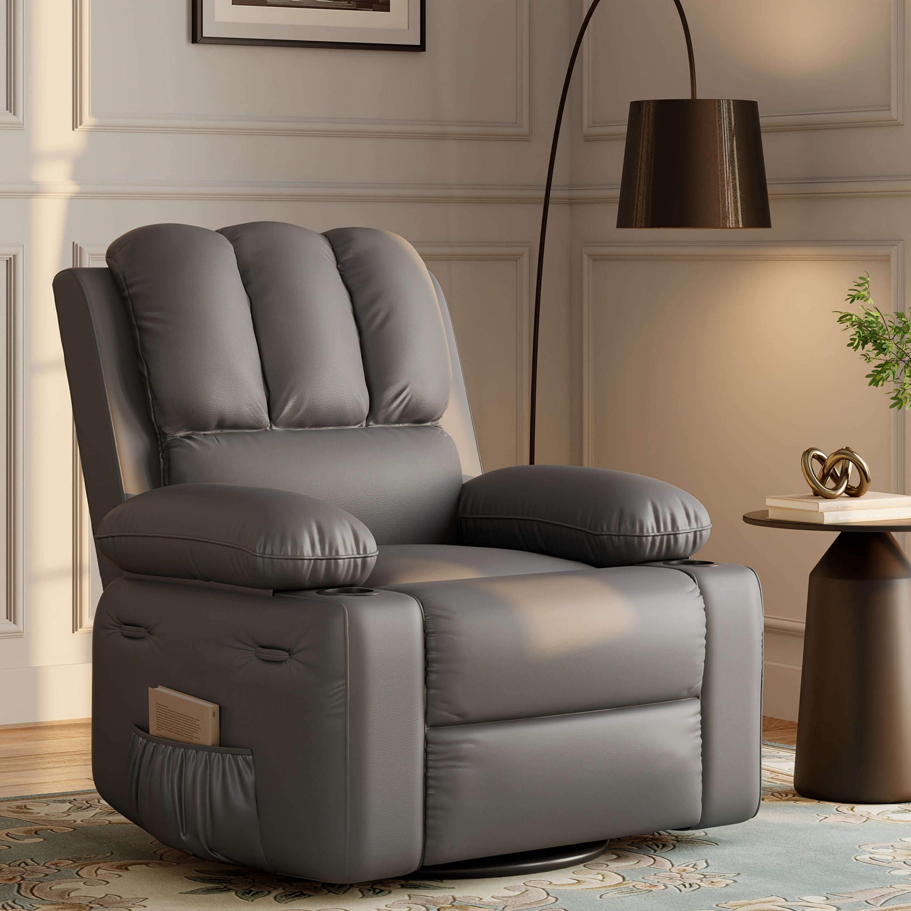 22'' Vintage Faux Leather Swivel Recliner Chair with 360° Rocking, Side Pockets & Cup Holders - Perfect for Living Room Comfort