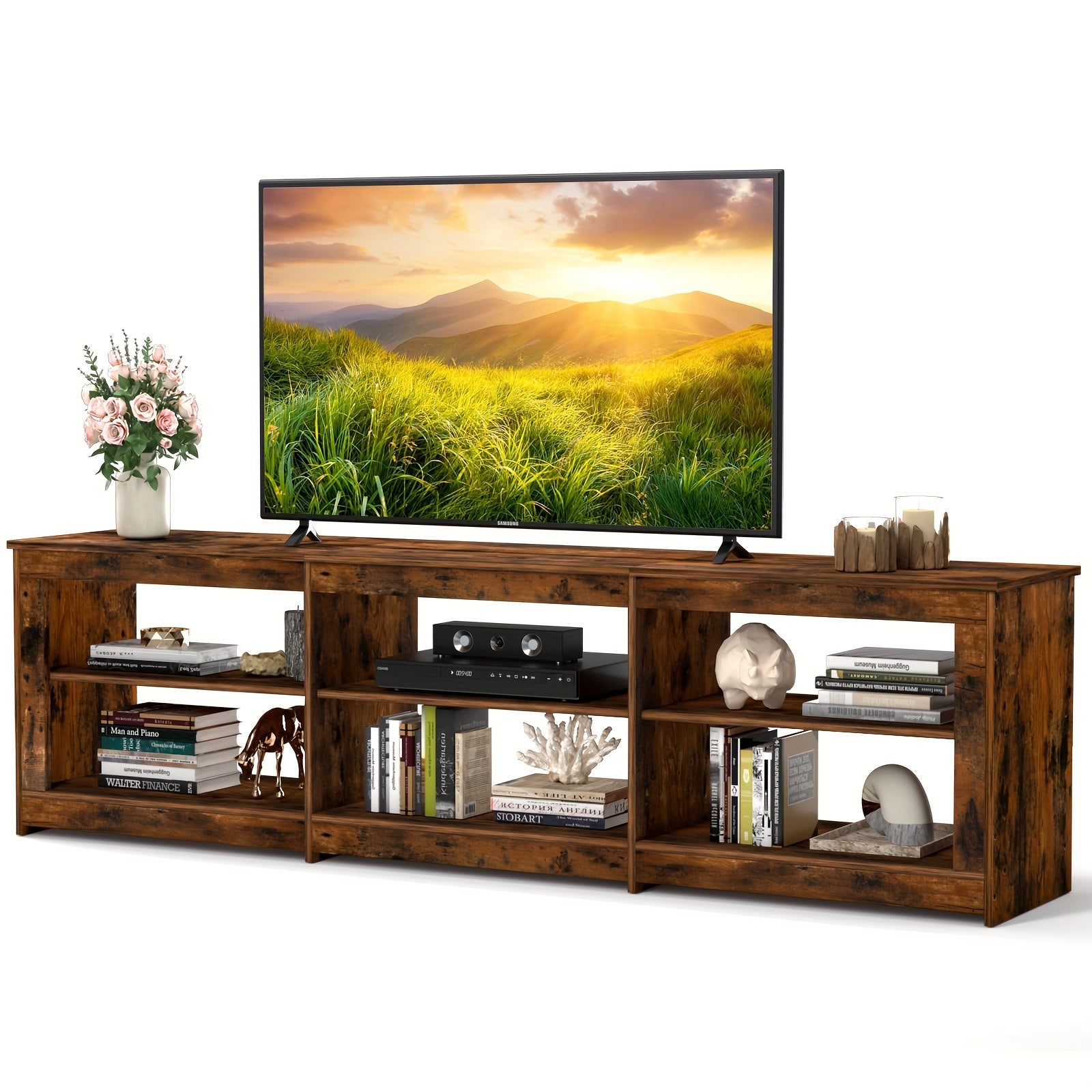 200cm Rustic TV Stand With Outlet & 6 Open Shelves - Rustic Brown - TV Stand Westberry Furniture