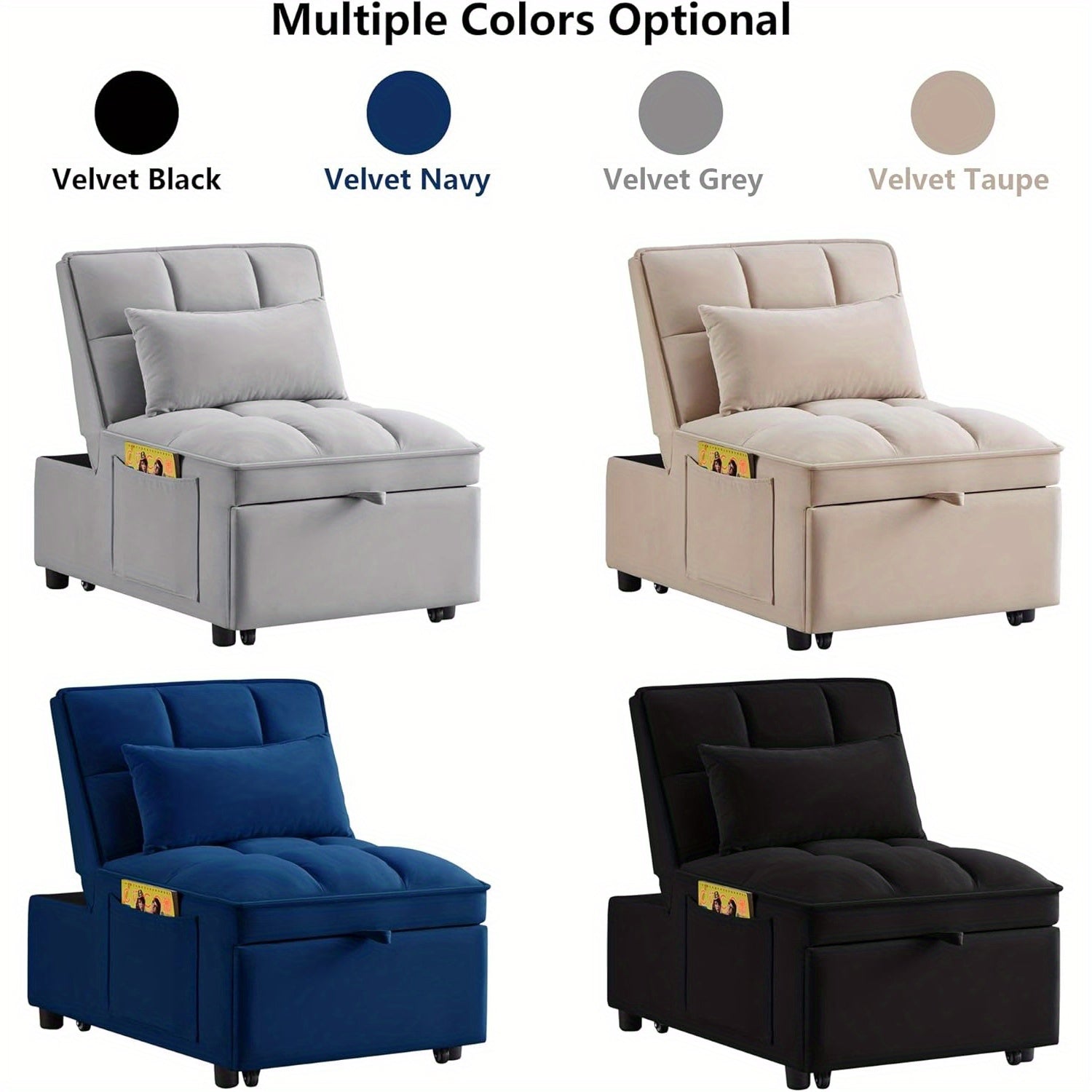 Velvet Convertible Chair Bed - Tufted Single Sofa Couch with Pull-Out Recliner, Lumbar Support Throw Pillow & Side Pockets for Apartments, RVs & Small Spaces - Available in 4 Colors