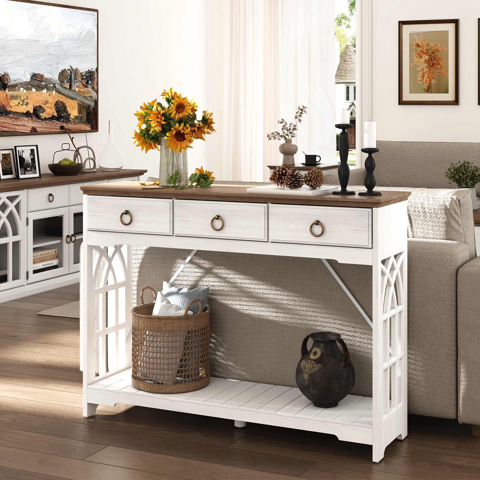 43" Console Tables For Entryway With Drawers, Farmhouse Entryway Table With Shelf, Narrow Long Entry Table With Solid Wood Legs, Rustic Vintage Sofa Foyer Tables For Entryway, White